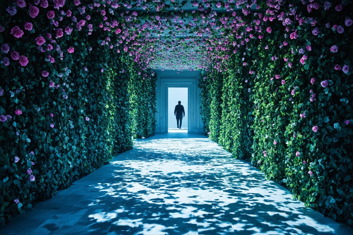 "Ethereal liminal space adorned with abundant flowers. Endless white corridor with soft,  diffused lighting. Walls and cei...