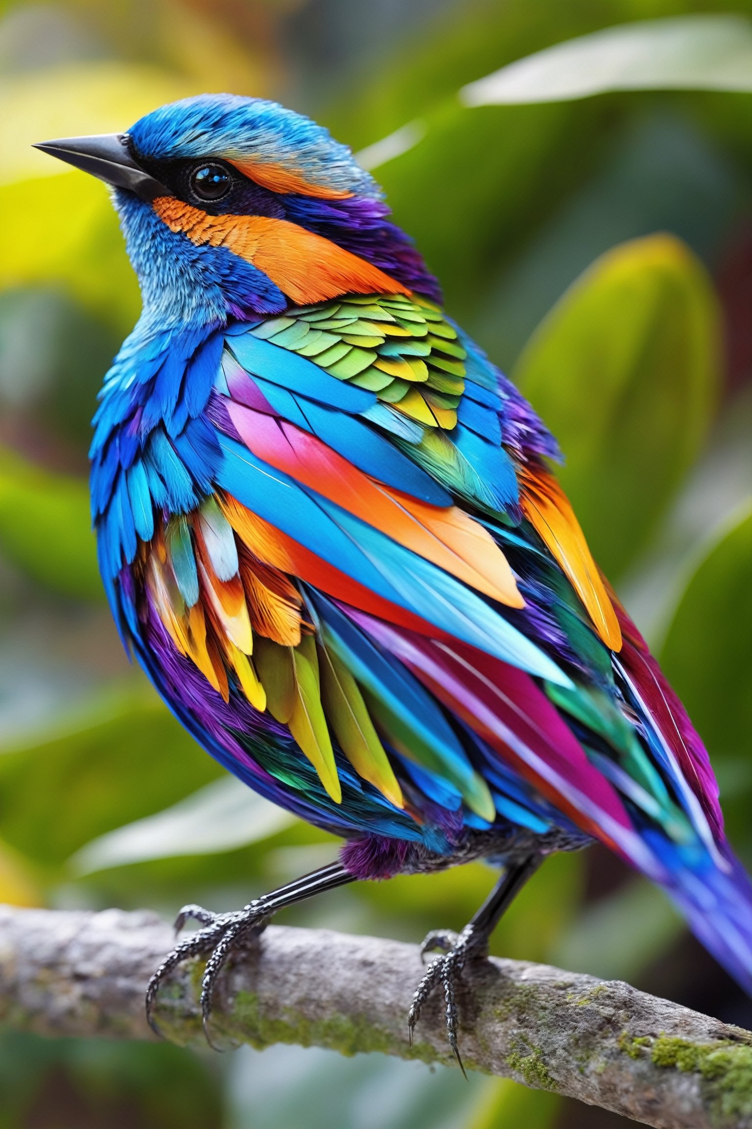 A small bird, with the most intricate patterns in the world. Its feathers display a mesmerizing array of colors, forming elaborate designs that seem to shift and dance as it moves. Each feather is a masterpiece of nature's artistry, with patterns reminiscent of intricate mandalas and fractals. The bird's wings flutter gracefully, showcasing the stunning symmetry and complexity of its plumage. This avian wonder captivates all who behold it, a living embodiment of nature's boundless creativity and beauty.,gbaywing,glass shiny style