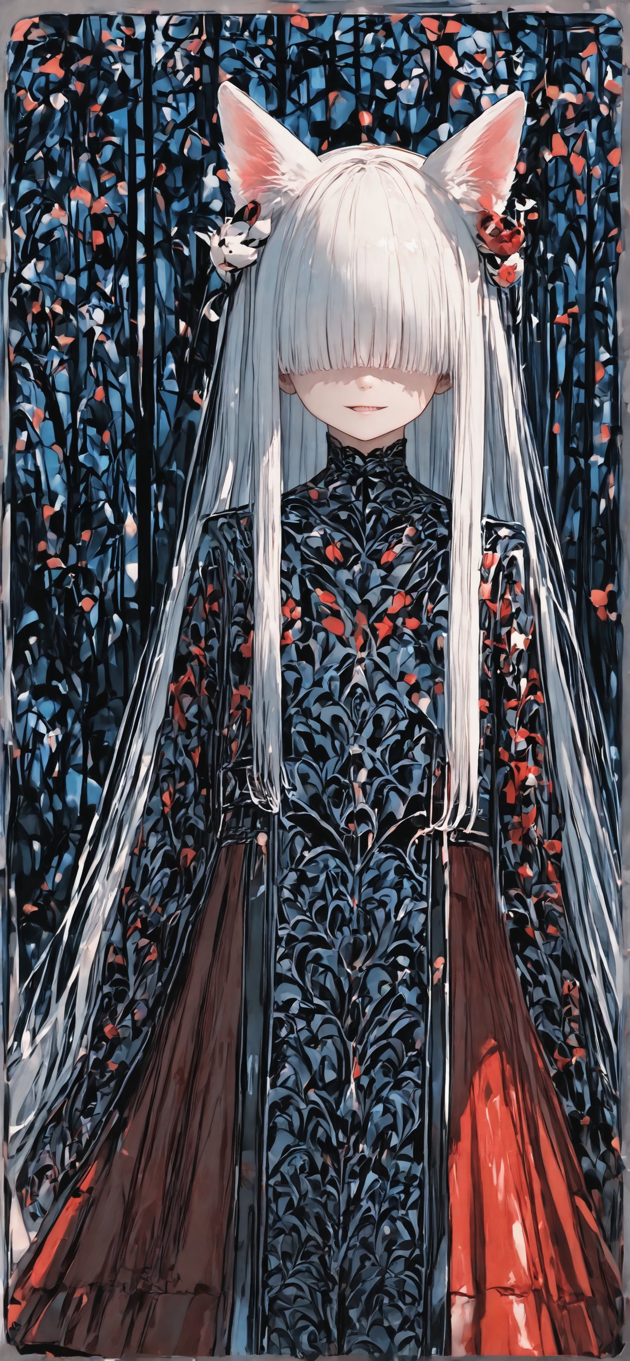 (score_9,score_8_up,score_7_up),solo,Albino fox Girl,animal fox ears,red eyes,long pure White hair,red skirt,goth style luxury layered kimono,hair ornament,(hair over eyes:1.5), (bangs cover her eyes:1.5),Full body,v,smile,goth girl,sagawa,garter straps,YuukiTeitoStyle,Examplelora,Details,G41xy 