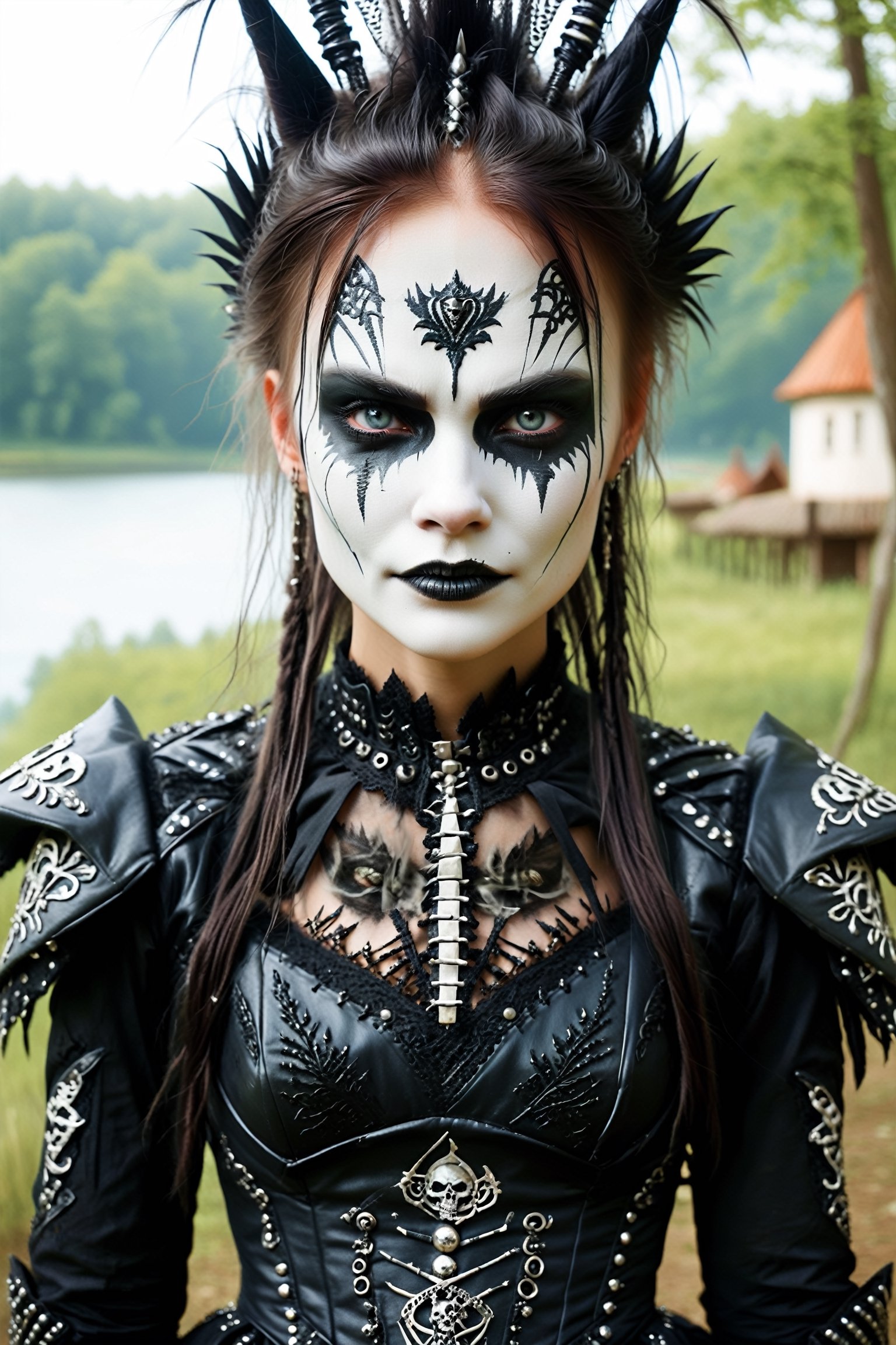 beautiful slavic woman, feelings of compassion, stunning fusion of medieval Nordic bridal attire and punk fashion, smile,((Corpse Paint)),white makeup,black metal makeup,
The gown combines the elegance of traditional Nordic wedding dresses, with a rebellious punk edge,Delicate lace and intricate embroidery adorn the bodice, while bold spikes and leather accents add a modern, edgy twist, ,lis4,cutegirlmix,LegendDarkFantasy,facial expression