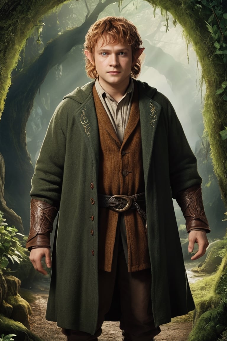 "Generate an image using StyleGAN of Samwise Gamgee dressed in an elven coat,  embodying the loyalty and determination tha...