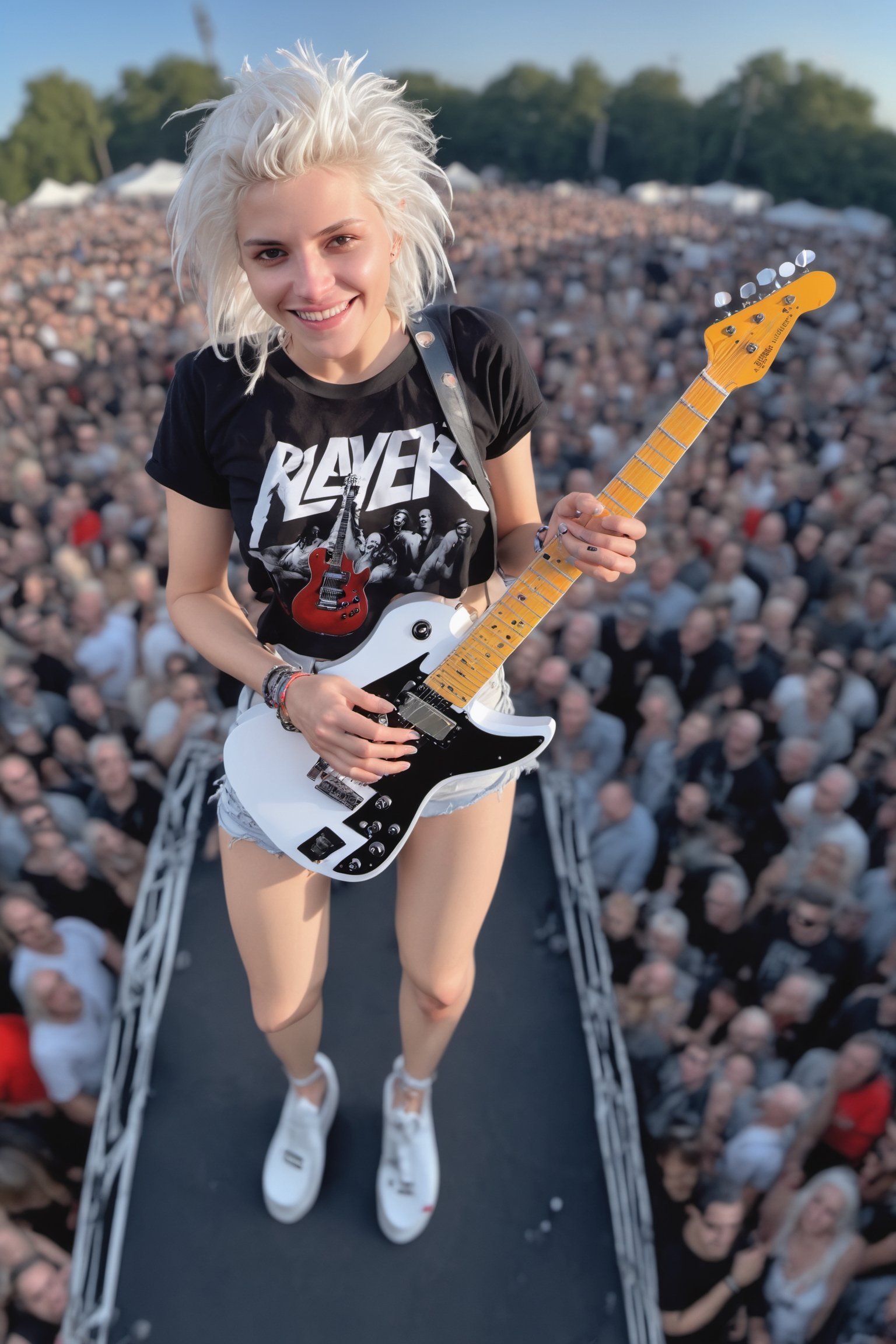 masterpiece of photorealism, photorealistic highly detailed 8k photography, best hyperrealistic quality, volumetric lighting and shadows, frohawk white hair young woman in casual clothes,smile,((Rock guitar in hand)),
breke,band shirt, [SLAYER]
girl From the stage, Clearings full of busy people, 360-Degree Aerial View of a Festival,photo r3al