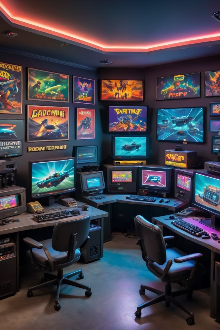 A retro-futuristic gaming computer room decorated with classic video game posters, CRT monitors, sleek gaming chairs, and a huge classical computer, each station is equipped with multiple monitors, RGB lighting, and high-performance peripherals.,retropunk style