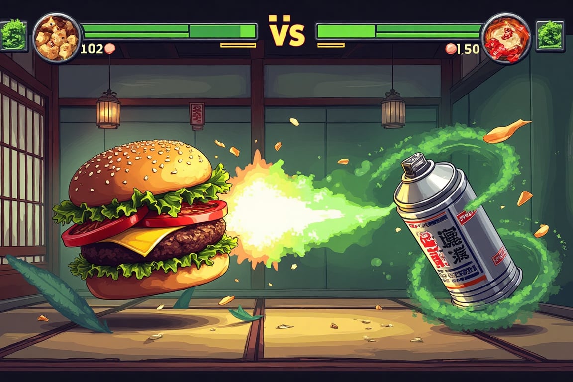 A pixel art style fighting game screen layout, 16:9 aspect ratio, intense battle scene. Left side: large juicy hamburger in battle stance (visible layers: golden-brown toasted bun, fresh green lettuce, red tomato slices, melted cheese, thick beef patty) floating with a powerful aura, some sesame seeds dramatically floating around it. Right side: aggressive-looking insecticide spray can (metallic silver body, warning labels, nozzle pointed forward) unleashing a toxic green spray attack. HUD elements: green health bars top screen, yellow super meter bars, timer showing "99". Dynamic battle effects: insecticide can shooting toxic mist streams with pixel art poison effects, green particles, and skull symbols in the spray. Hamburger counter-attacking by launching its ingredients as projectiles: flying lettuce leaves with motion trails, tomato slices spinning like shurikens, melted cheese stretching and whipping. Set in traditional Japanese room: tatami mats, shoji screens, wooden beams, paper lanterns. Visual effects: toxic mist clouds, food particle effects, motion blur on flying ingredients, impact sparks when attacks collide. Background shows environmental damage: green spray stains on shoji, scattered sesame seeds and bread crumbs on tatami, toxic puddles. Pixel art style similar to Metal Slug, with detailed food textures and liquid spray physics. Dynamic lighting highlighting the toxic spray's glow and the hamburger's appetizing details.,fighting game UI PC VERSION "VS" fight