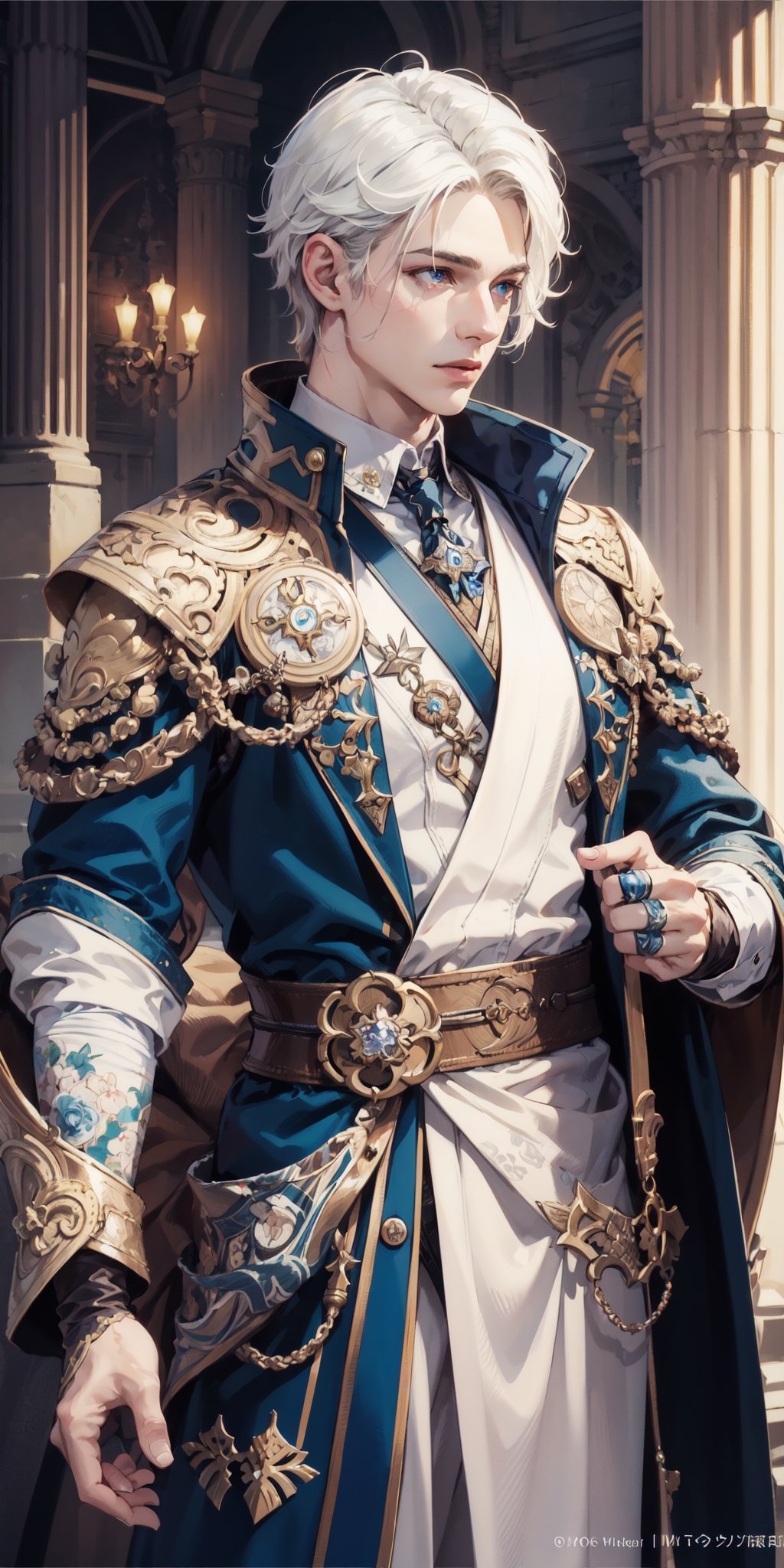 Extreme detailed,Realistic,solo,
official art, extremely detailed, Extreme Realistic,  Nordic beautiful teen boy,beautifully detailed eyes, detailed fine nose, detailed fingers,muscle body, wearing extremely detailed luxury male Prince Albert coat, high quality, beautiful high Detailed white short hair,