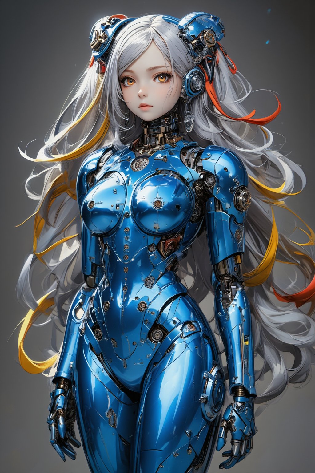 Female cyborg,full body figure,highly polished blue metallic body reflecting light like a mirror surface, Face crafted from pure white alabaster resembling a gothic porcelain doll with delicate features, Large luminous eyes with intricate mechanical iris patterns, Ornate gothic hair ornaments made of alabaster and silver filigree with small mechanical details, Long flowing synthetic hair styled in elegant victorian curls, Multiple vivid cables extending from neck area in bright red yellow and white creating a dramatic contrast against blue body, Cables have a glossy plastic finish and gentle curves like ribbon streamers,Body constructed of smooth curved panels with visible joint sections, Mirror-finish blue metal reflecting environment creating complex light patterns, Mechanical parts visible at joint areas with precise technical details, Graceful feminine proportions with elegant posture, Doll-like hands with visible mechanical articulation at fingers, Gothic-inspired design elements integrated into mechanical parts, Subtle LED lighting effects in eyes and joint areas, Expression serene and doll-like yet hints at artificial intelligence, Contrast between cold mechanical body and delicate porcelain features, Interior mechanical parts glimpsed through strategic transparent panels, Metallic surface transitions seamlessly to porcelain features at neck area,PorcelainDollPrincess,\mechako\