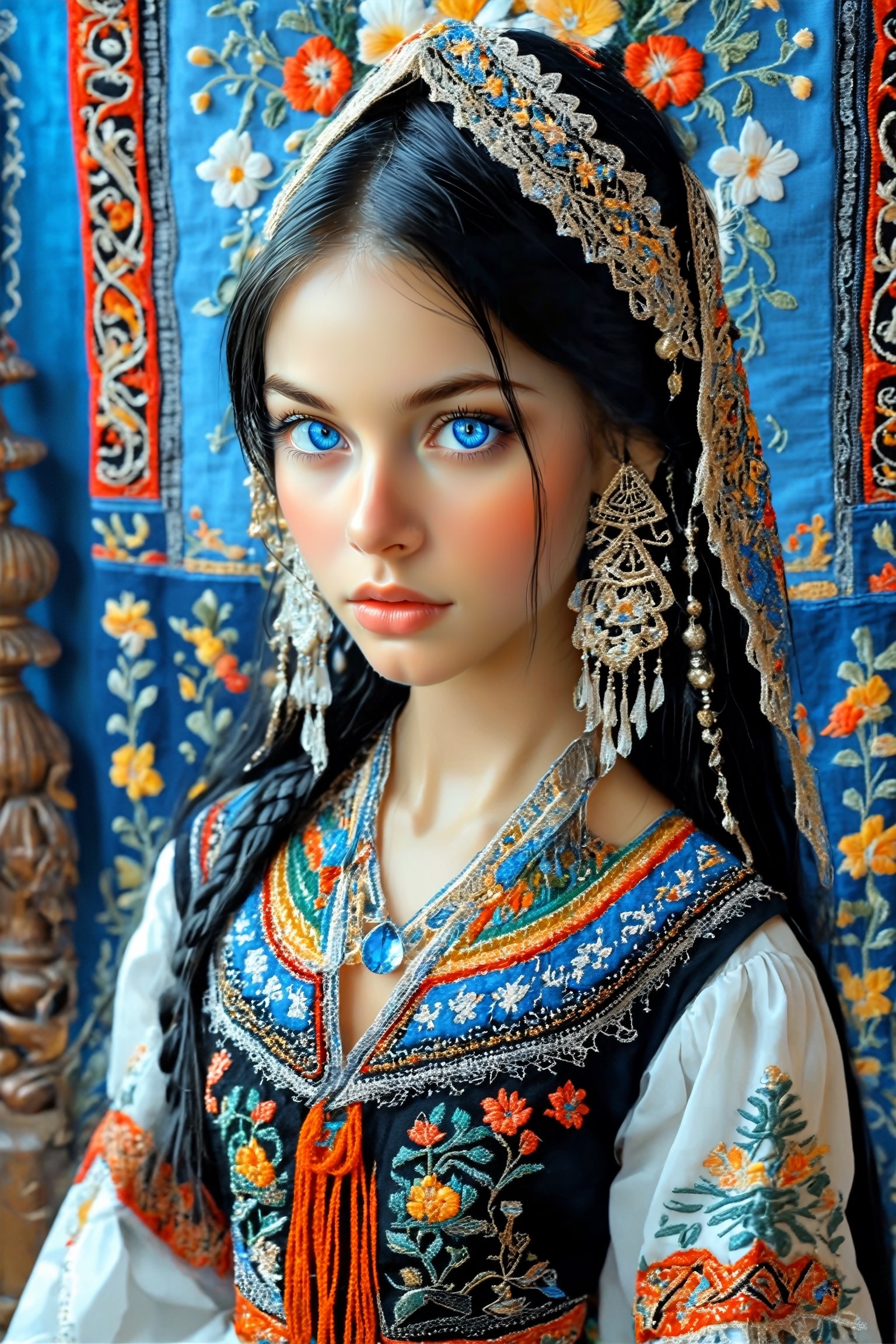 Super detailed, super realistic, beastly,beautiful Nordic girl,
 wears old folk costume, long straight black hair, Yakuts folk costume, beautiful crystal blue eyes, almond eyes, intricate textile decorated with colorful and intricate geometric patterns, arm ornamentation, decorative embroidery.
Beautiful crystal blue eyes, almond eyes, intricate fabrics decorated with colorful and intricate geometric patterns, clothes in earth colors such as White red and green,,aw0k euphoric style, ,perfect likeness of TaisaSDXL,a1sw-InkyCapWitch,photo_b00ster