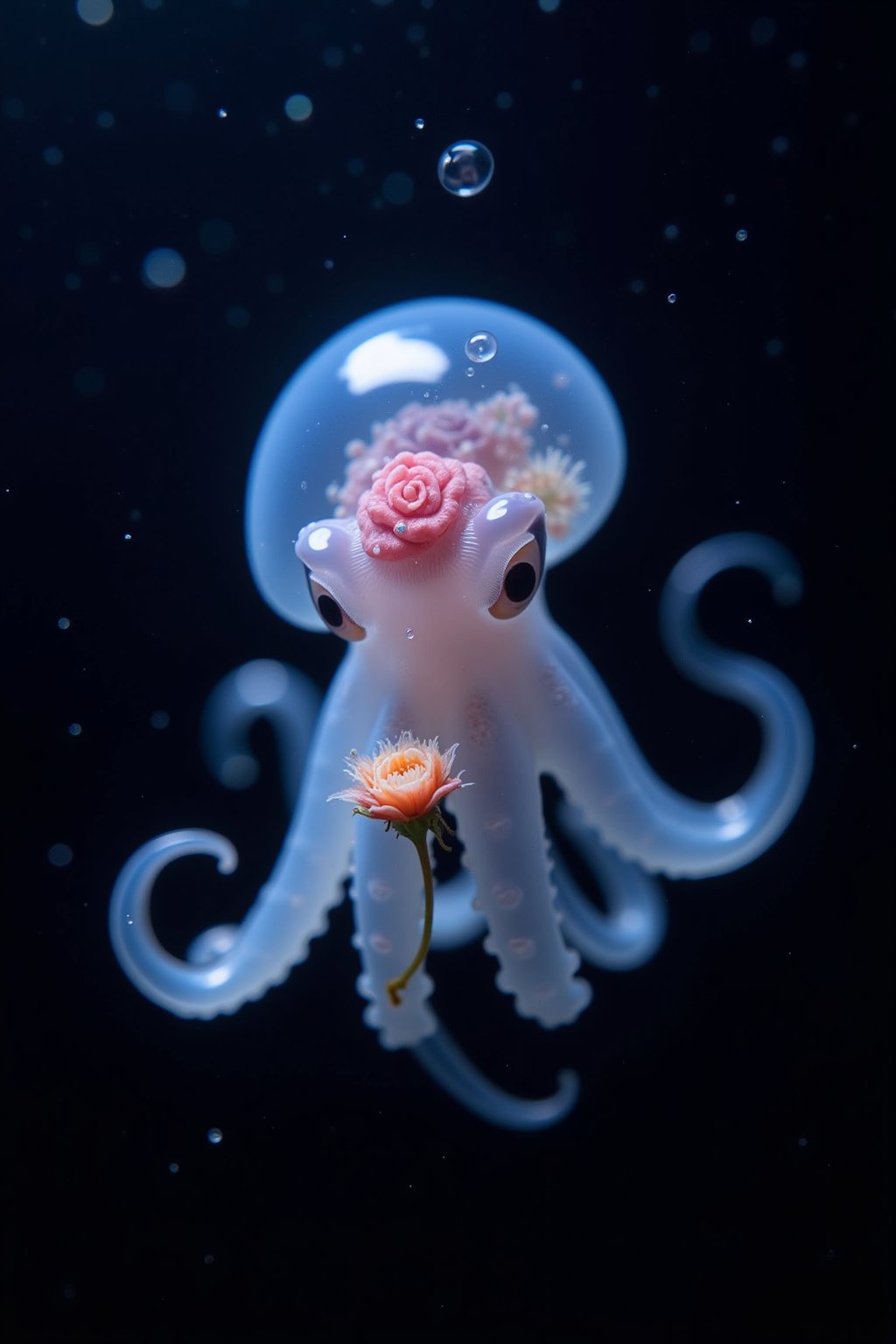 Close-up photograph of a small, translucent octopus floating in dark water,Body is pale blue and semi-transparent,
 A faint pink rose can be seen inside the transparent body,
allowing internal organs to be partially visible. Large bulbous head with a spotted, reddish-brown mantle visible inside. Two large, round eyes with dark pupils, giving a curious expression. Eight tentacles spread out beneath the body, each arm thin and delicate with a slight curl at the ends. Tentacles have a series of small, round suckers visible along their length,The octopus is holding a rose flower with its tentacles,Skin has a gelatinous, glass-like quality with a slight iridescent sheen. Fine details such as chromatophores and small bumps visible on the skin's surface. Creature is suspended in deep, inky-black water, creating high contrast with its luminous body. Tiny particles and bubbles float around the octopus, suggesting movement in the water. Lighting appears to come from above, highlighting the translucent quality of the octopus and creating subtle shadows. Overall atmosphere is mysterious and ethereal, capturing the wonder of deep-sea life. Image style is high-definition underwater photography with sharp focus on the subject.,#jelly