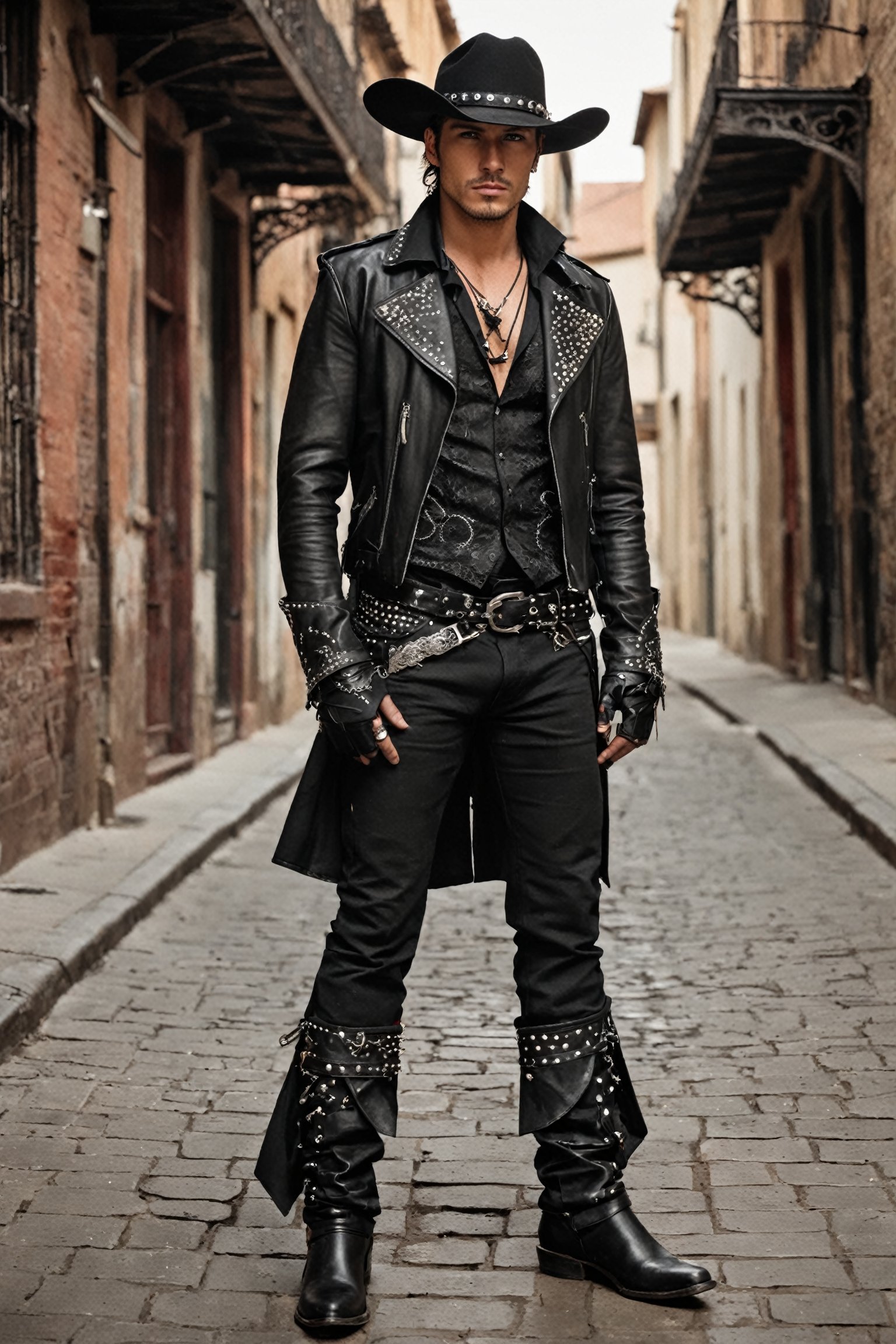 dandy man,  in a Gothic punk-inspired cowboy outfit,  He wears a black wide-brimmed cowboy hat with silver studs and a dar...
