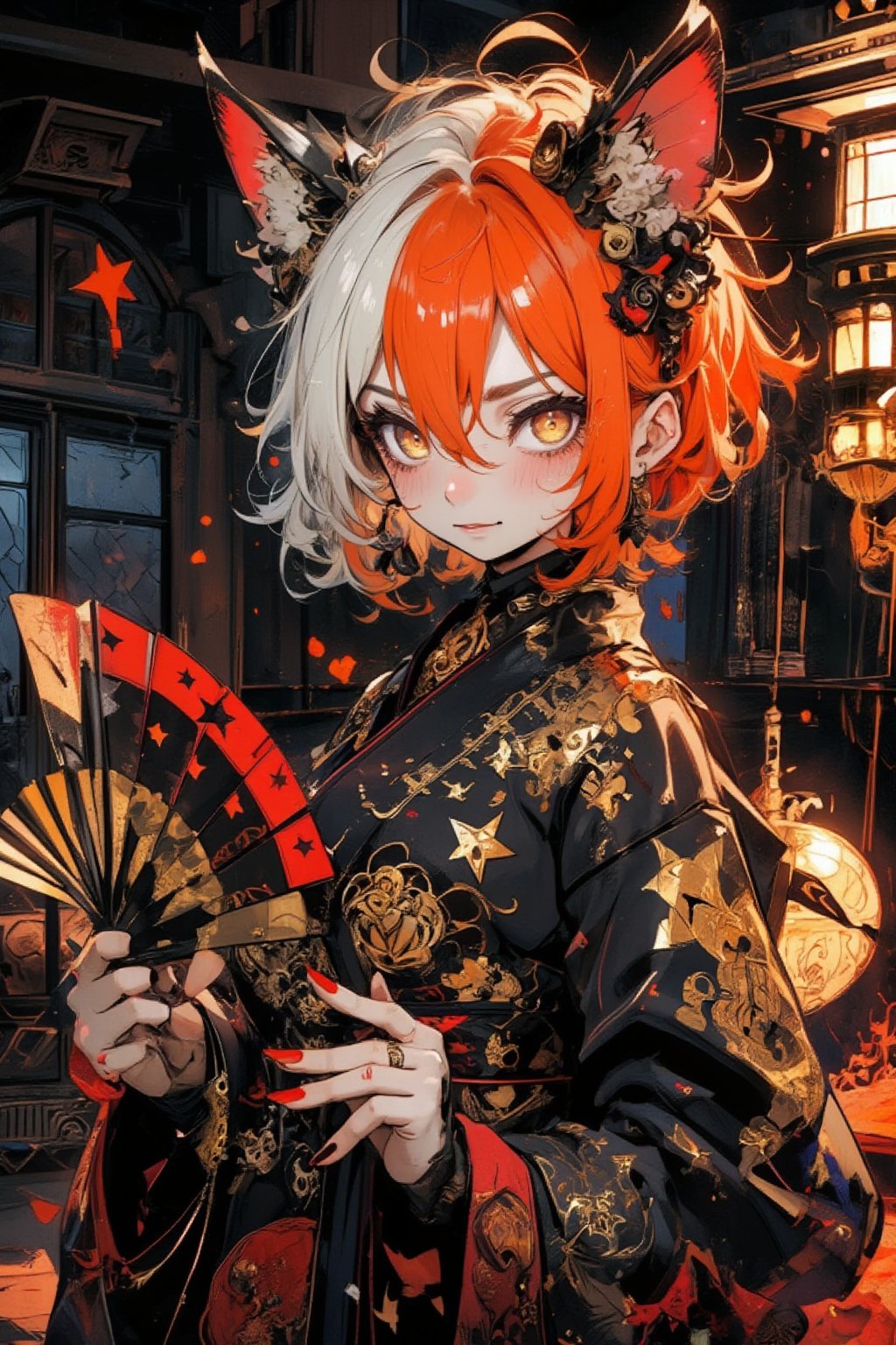Anime-style illustration of a gothic punk girl in an ornate kimono. Close-up portrait with intense,  golden cat-like eyes...