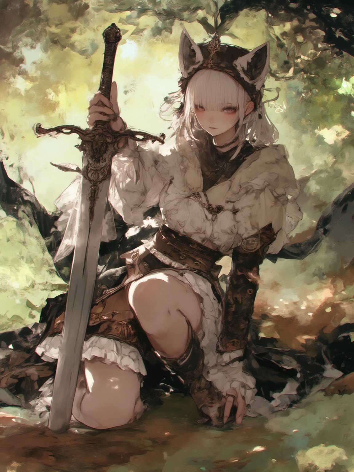 a beautiful young woman in a crouching pose, wearing an elegant brown and cream lolita dress with intricate frills and lace details. Her pure white hair falls gracefully around her delicate face. She holds a long sword planted firmly into the ground, both hands resting on its pommel. The dress features multiple layers with white ruffled underskirts, detailed trimming, and a cat-eared hood adorned with pearls. The sleeves are puffy with white fabric and detailed cuffs. She is positioned in a natural setting with soft sunlight filtering through foliage, creating a dreamy atmosphere. Her pose suggests both grace and strength, while her expression remains serene yet determined. The sword appears ceremonial yet battle-ready with detailed metalwork. Best quality, natural lighting, soft bokeh background, detailed fabric textures, photographic style, clear focus on the subject,fantasy girl