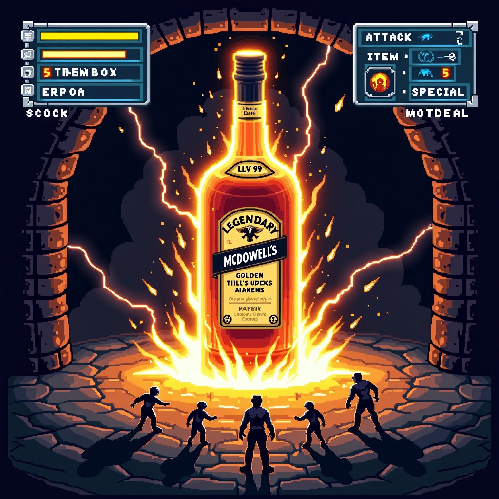 A dramatic 16-bit style RPG boss battle screen featuring a massive glowing McDowell's whisky bottle as the final boss,  pa...