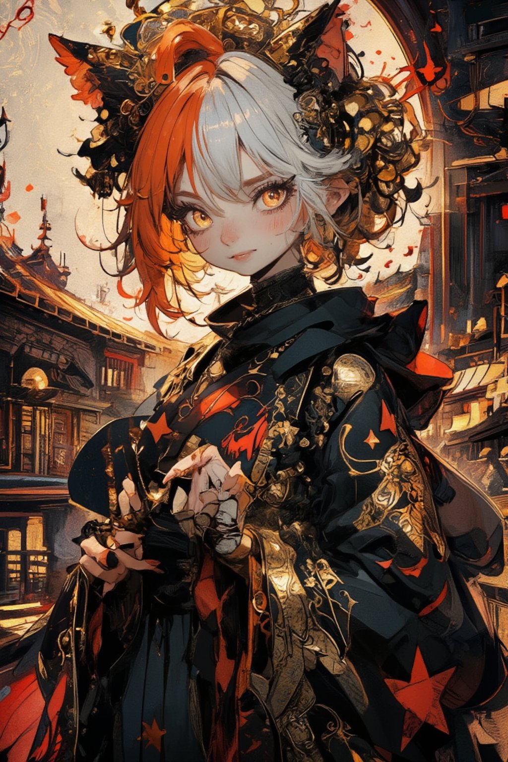 Anime-style illustration of a gothic punk girl in an ornate kimono. Close-up portrait with intense,  golden cat-like eyes...