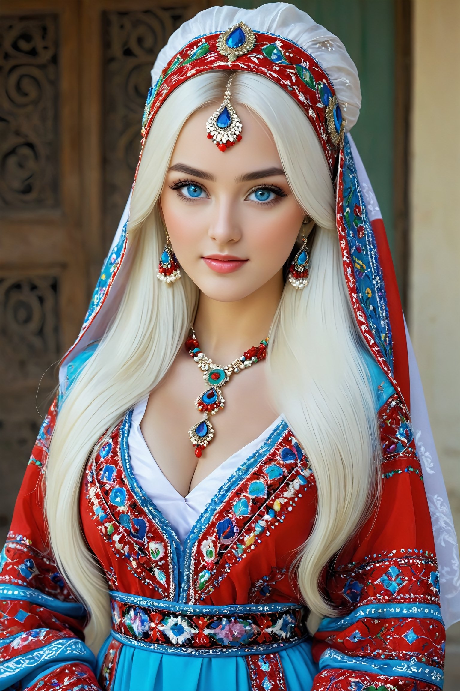 Beautiful Ukrainian girl,16 years old,A happy expression,Beautiful iris with high precision,blue eyes,Turkmenistan Chirpy,(Big breasts),(Deep cleavage),(long pure white hair),
Wearing traditional Turkmen wedding costumes intricately embroidered with delicate and beautiful patterns, characterized by bright colors and fine needlework, women wear headscarves and headdresses decorated with jewels and beads, adding elegance to their ensembles, earrings, necklaces, bracelets, and other accessories. accessories, red bottoms, and fur boots,Extremely Realistic