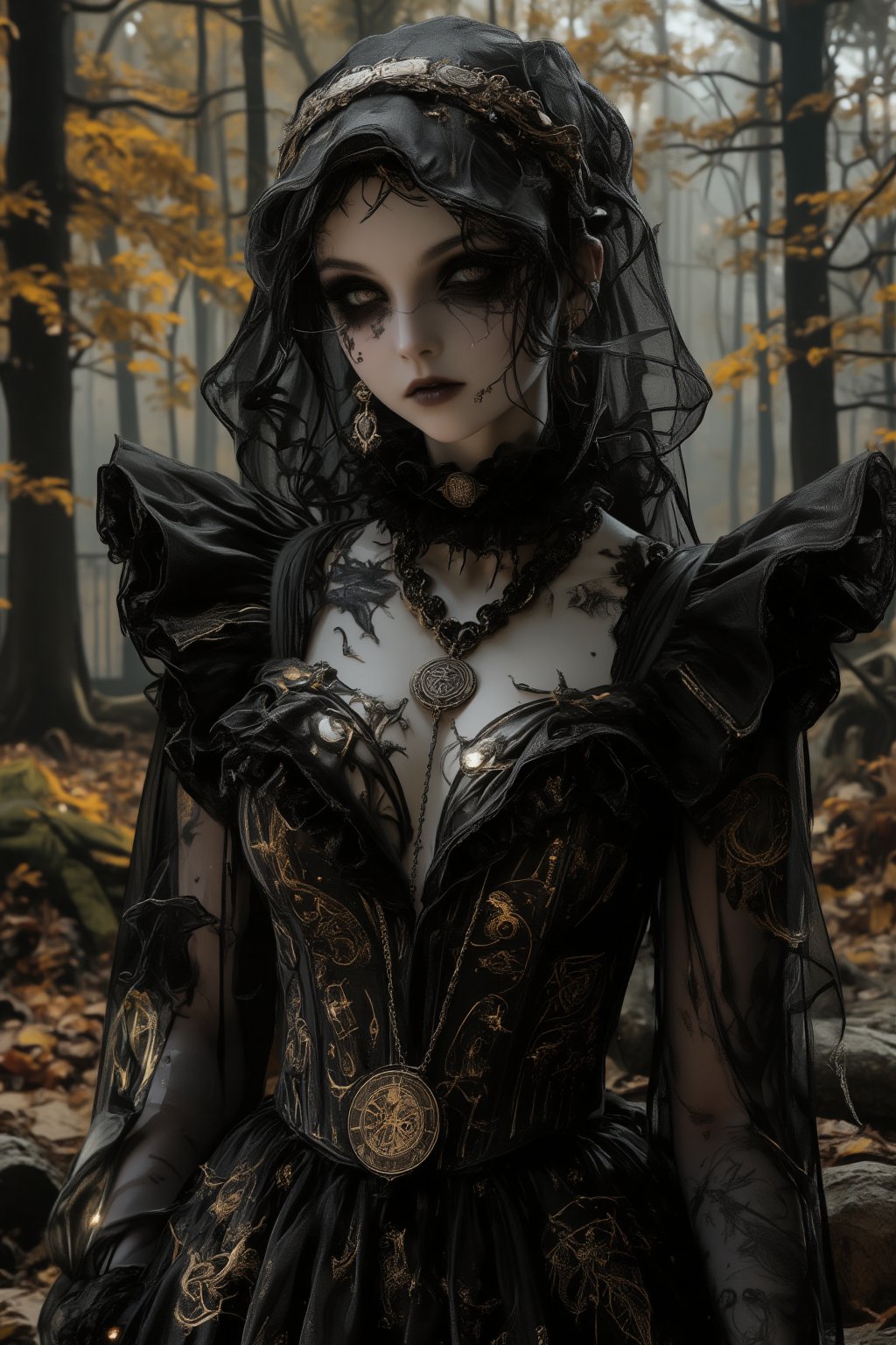 mystical portrait of a dark oracle priestess in an autumnal forest setting. She wears an elaborate black sheer veil and dress decorated with intricate gold embroidery patterns and celestial motifs. The fabric features delicate metallic thread work creating mysterious symbols and constellations. Her face shows dramatic gothic makeup with dark eyes and occult symbols painted around them. A large antique brass medallion pendant with mystical engravings hangs from her neck. The black gossamer fabric of her dress and veil flows ethereally, adorned with tiny crystals that catch the dim forest light. The background shows a misty autumn forest with golden leaves and dark tree trunks. She wears multiple layers of ornate jewelry with mystical symbolism, including moon phases and archaic runes. Face paint and temporary tattoos suggest ritual markings. The lighting is moody and atmospheric, with occasional gleams highlighting the golden embroidery against the black fabric. Fantasy photography style, perfect focus on intricate costume details, dark romantic atmosphere, mystical elements, professional lighting emphasizing the mysterious mood,Hyperrealism &Surrealism,Gothic