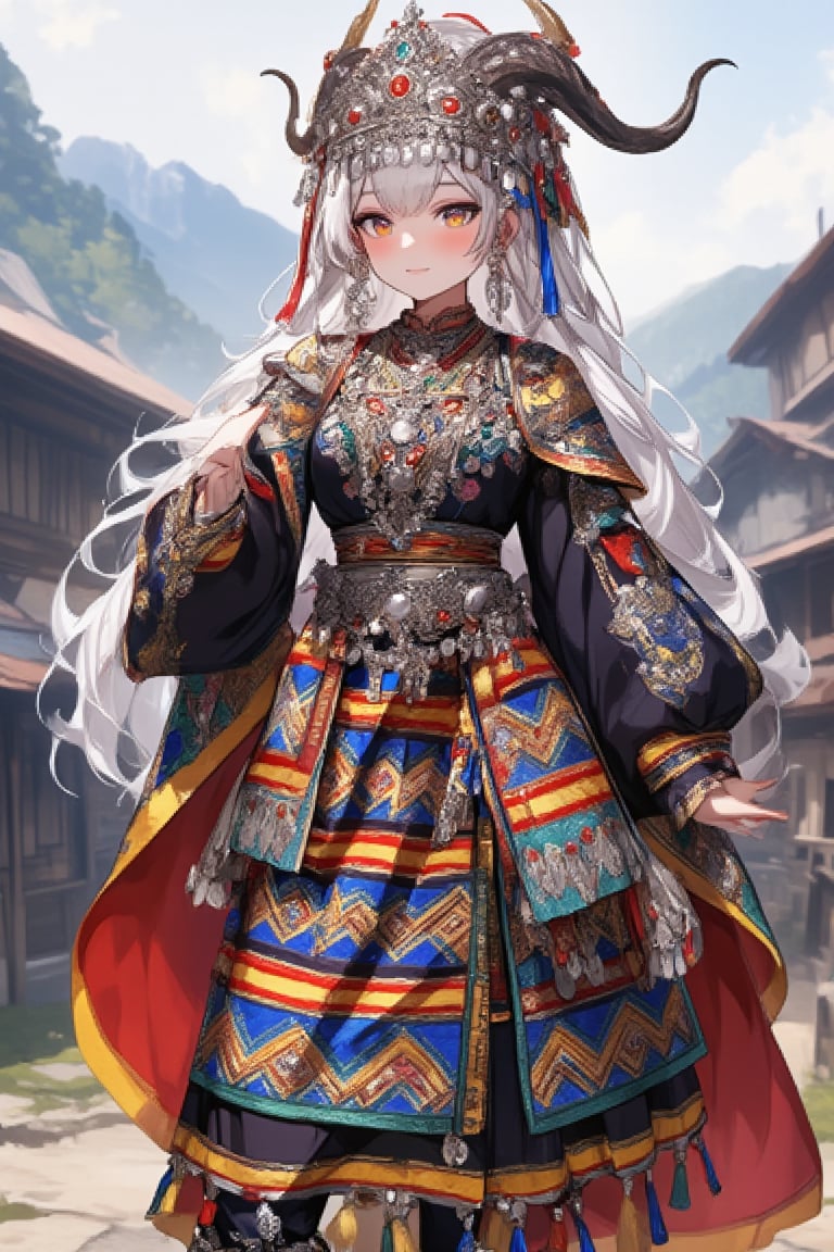 (anime style),1Girl,albino Demon girl,goat horns,pale White skin,pure White long wave Hair,
 in northern Thailand wearing an opulent traditional bridal costume. Vibrant, multi-layered outfit with intricate embroidery and silver coin decorations. Elaborate headdress adorned with colorful tassels, beads, and dangling silver ornaments. Heavy silver necklaces and large earrings frame her face. Richly embroidered jacket in deep indigo with geometric patterns in red, yellow, and green. Wide pleated skirt with bold horizontal stripes and detailed needlework. Ornate silver belt with hanging charms. Embroidered apron with intricate designs. Legs wrapped in indigo leggings with embroidered ends. Traditional cloth shoes with pointed toes. She stands in a misty mountain village with traditional Hmong houses in the background,1girl,lyh,adrr-tsfft