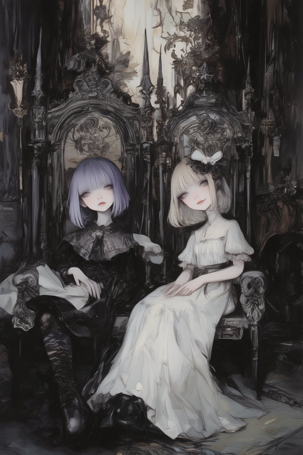 Gothic twin girls, ornate high-back chairs, decadent background, ethereal lighting, anime style, detailed illustration, 8k resolution, gothic lolita fashion, contrasting personalities, left girl: short purple hair, serious expression, black and white dress, crossed legs, right girl: blonde bob hair, white ribbon, cheerful smile, pure white lacy dress, relaxed pose, both with large eyes, delicate features, petite build, intricate chair designs with spire-like backrests and filigree patterns, dramatic light and shadow, dark mysterious atmosphere, decolatte,Manga  Yakuza Kamui X Georgia O'Keeffe,dal,ct-identityV2,watercolor \(medium\),kyute_doll,Nicoletta Ceccoli X Daria Petrilli art