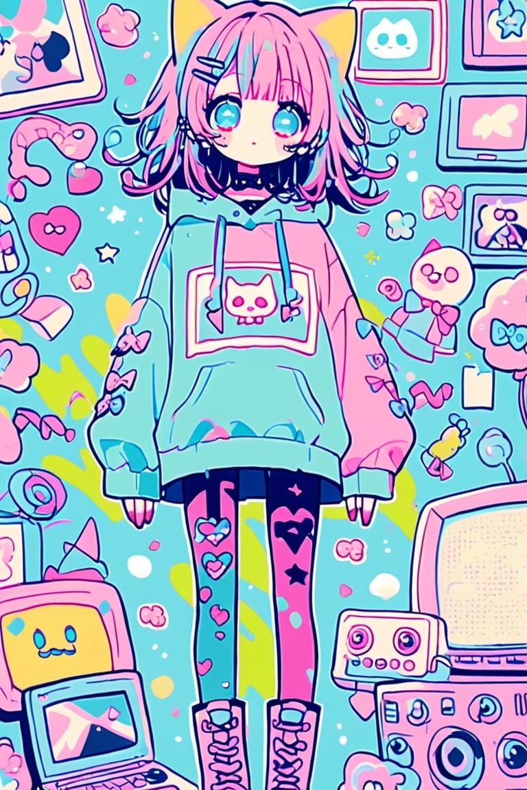 dal-3,,vtuber,
cute anime characters,Beautiful blue eyes,asymmetric bangs,candy punk Fashion,Hooded hoodie shaped like a cute kitten,cat ear hood,Pastel colored clothes based on blue and pink,Pastel Emo Fashion, Anime Print Shirt,Gothic Style tights, long military boots, score_7_up,dal-6 style,pink-emo,emo,dal-1