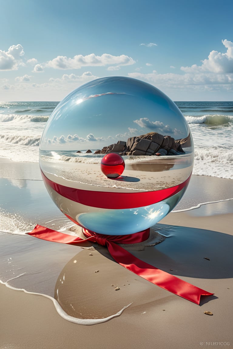 Surrealist watercolor painting. Pristine beach with soft, sandy shores and gentle waves. Enormous glass sphere, perfectly transparent, resting on sand. Oversized red ribbon wrapped around the sphere, flowing and billowing in imaginary wind. Distorted reflections in glass, merging sky and sea. Dreamy, muted palette for beach, vivid red for ribbon. Subtle watercolor textures, wet-on-wet technique. Magritte-esque juxtaposition of reality and fantasy. Thought-provoking, whimsical scene