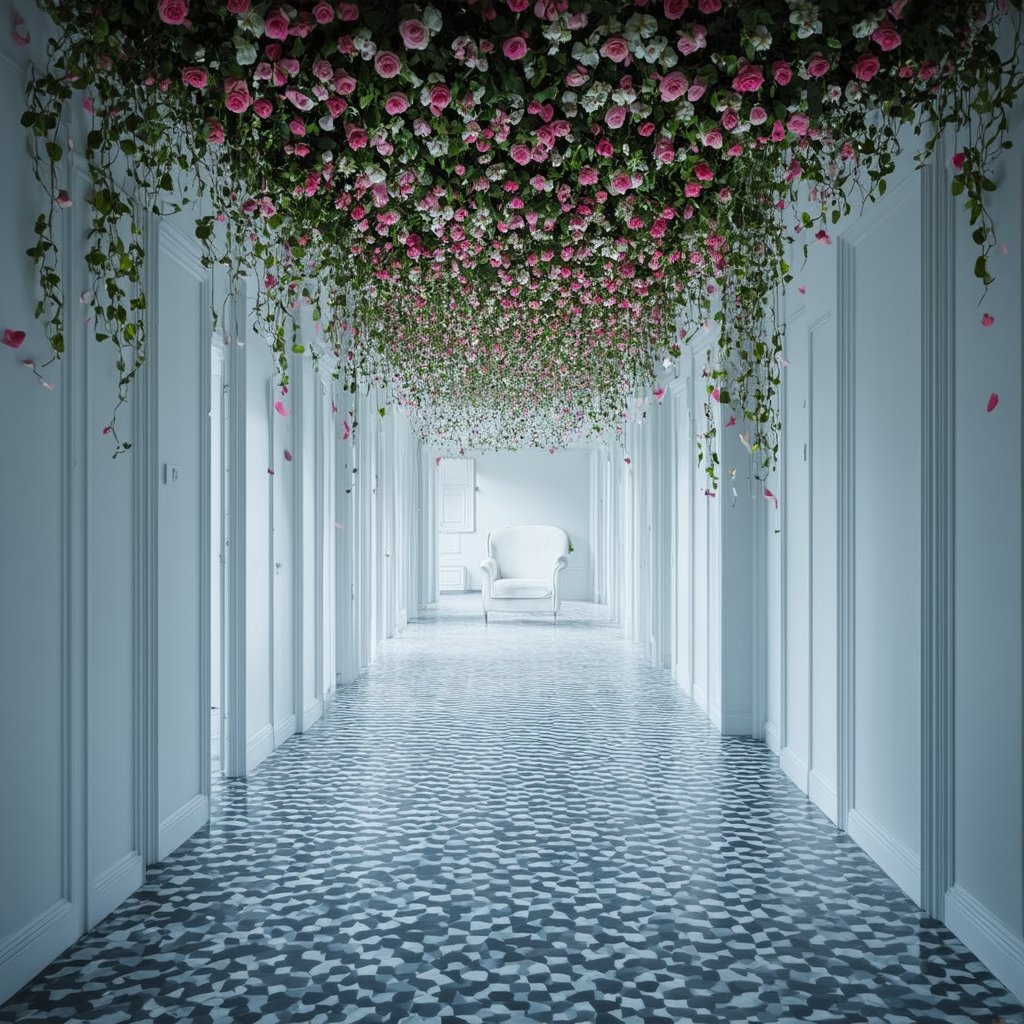 "Ethereal liminal space adorned with abundant flowers. Endless white corridor with soft,  diffused lighting. Walls and cei...