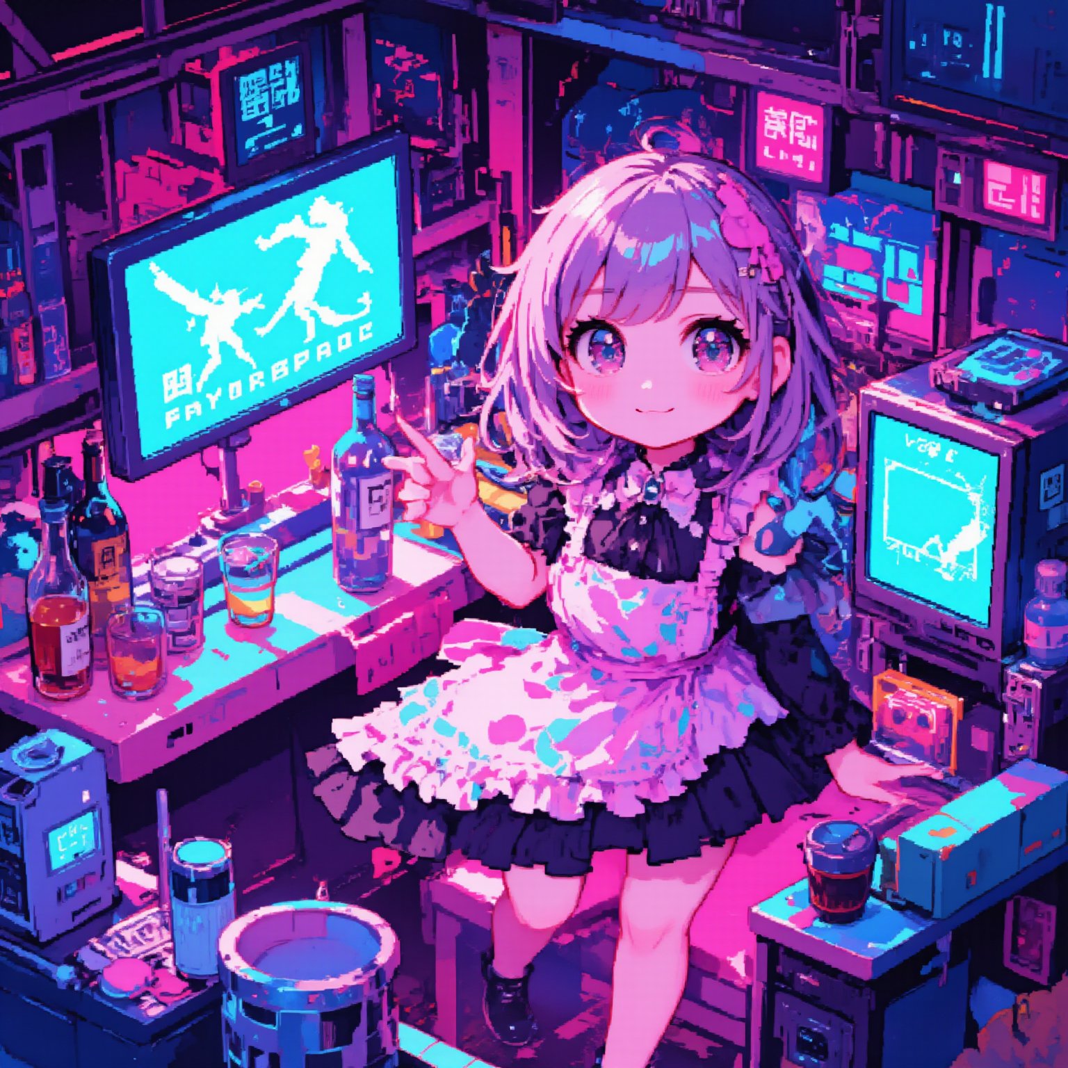 pixel art diorama,1girl,solo,chibi girl,pastel frilly apron, glamorous dress with frills and bows, girl is smiling and welcoming,
cyberpunk bar setting, isometric view, limited color palette, 16-bit era aesthetic, futuristic bar interior, bar table, glasses and alcohol, holographic monitor, neon lighting, old vs new elements, retro-futuristic atmosphere, detailed pixel shading, miniature scene atmosphere, soft vignette edges, cyberpunk color scheme with pastel accents, intricate pixel pattern on dress, glowing technology effect, pixelated lens flare, low-res charm, nostalgic game style, small animation details,lyh,anime,Pixel Art,ZanyEyesStyle