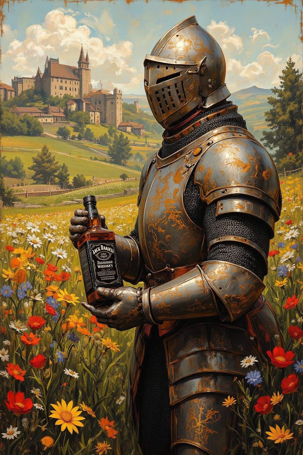 Renaissance-style oil painting of a lush flower field with a knight. Vibrant colors and soft lighting reminiscent of Botticelli. Knight wears pristine Maximilian-style full plate armor, highly detailed with fluting and ornate engravings. Standing amidst colorful wildflowers - poppies, daisies, and cornflowers. Knight's visor is up, revealing a noble face gazing lovingly at a bottle of Jack Daniel's whiskey held in his gauntleted hand. Contrast between medieval armor and modern whiskey bottle. Background shows rolling hills, distant castle, and picturesque sky with fluffy clouds. Painting technique mimics Old Master style: fine brushstrokes, glazing, and sfumato. Golden afternoon light adds warmth and depth. Composition balances realism of armor with whimsical nature of scene. Intricate details in both armor and floral elements. Surreal juxtaposition of historical accuracy and anachronistic element.,Medievalx