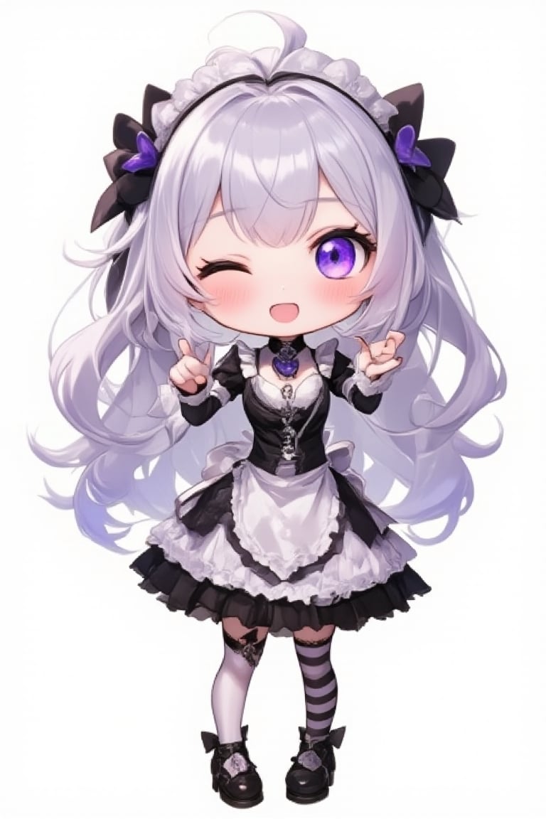 Chibi-style anime girl character. Large head, small body proportions. Long silver-purple hair with bangs, black ribbons. One eye open, one closed, exaggerated blush. Gothic Lolita maid outfit: black and white dress with frills, purple bow. Black choker with heart pendant. Thigh-high striped socks, chunky black shoes with heart buckles. Cute, playful expression with open mouth. Cartoon style with bold outlines, flat colors, and simple shading. White background. Kawaii aesthetic with gothic elements.,lyh,mia