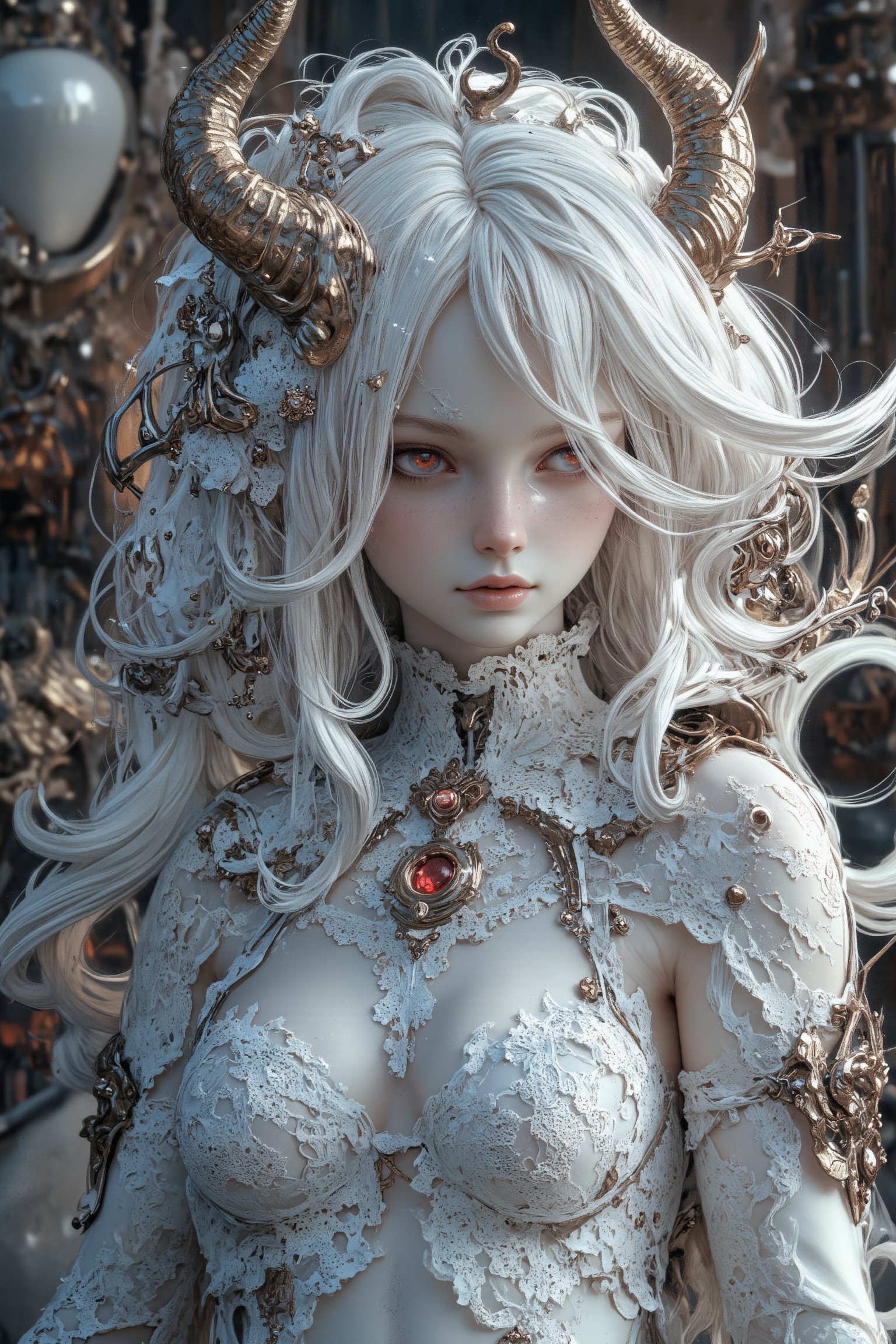 (long intricate horns:1.2) ,albino demon girl with enchantingly beautiful, alabaster skin, A benevolent smile,girl has Beautiful red eyes,soft expression,Depth and Dimension in the Pupils, white eyelashes, Her porcelain-like white skin reflects an almost celestial glow, highlighting her ethereal nature,Every detail of her divine lace costume is meticulously crafted, adorned with jewels that sparkle with a divine radiance, Capture the subtle intricacies of the lacework, emphasizing the delicate patterns that complement her unearthly features. From the curve of her horns to the flowing elegance of her dress, every aspect contributes to an aura of supernatural allure. The jewels, carefully placed, create a mesmerizing dance of light that enhances her divine presence, Consider the composition to portray her in a setting that complements her celestial beauty, whether it's a moonlit garden or a mystical realm, Illuminate the scene with soft, enchanting light to accentuate the magical and mysterious atmosphere,The overall goal is to evoke a sense of wonder and captivation, celebrating the unique and transcendent beauty of this albino demon gir,watercolor \(medium\),PorcelainDollPrincess,REALNIME