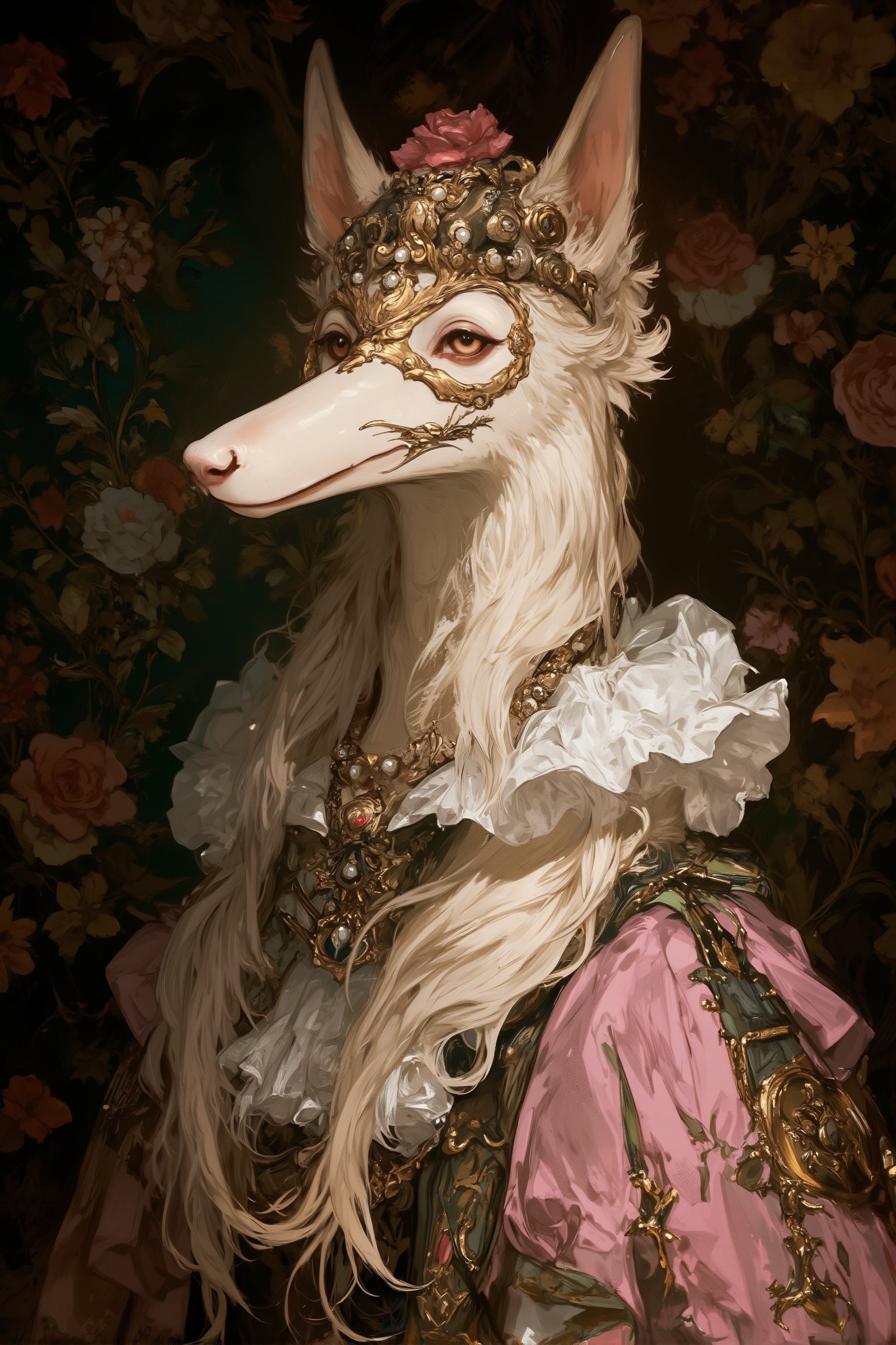 A stately Borzoi in a Gothic Renaissance-style outfit, against an ornate floral background, with a slender head and distinctive long snout, cream-colored fur with golden highlights. Almond-shaped eyes, gentle expression. A golden mask covers the right eye and fits over the long snout. An ornate crown adorned with pearls and jewels. A pink rose centerpiece on top of the head. A white ruffled Elizabethan collar accentuates the long neck, a pearl necklace and a golden pendant. A pink and green Renaissance-style gown with lace and gold embroidery, against a dark floral background in green and pink hues. Soft lighting highlights the dog's features and jewelry, creating a luxurious and whimsical mood that blends Borzoi elegance with historical fashion. The dog's unique head shape and long snout are highlighted as the focal point, covered in fur.,furry