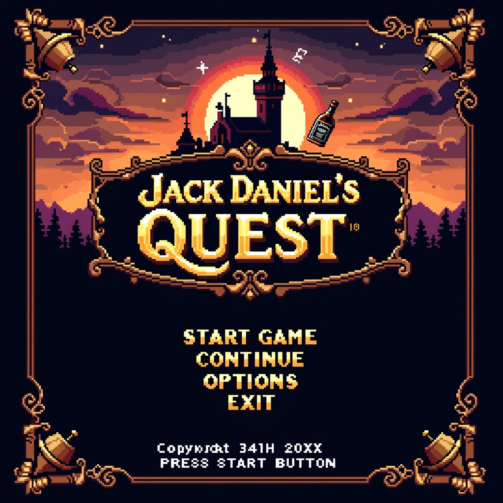 A classic 16-bit era RPG title screen featuring majestic "JACK DANIEL'S QUEST" logo in ornate golden pixel art font with s...