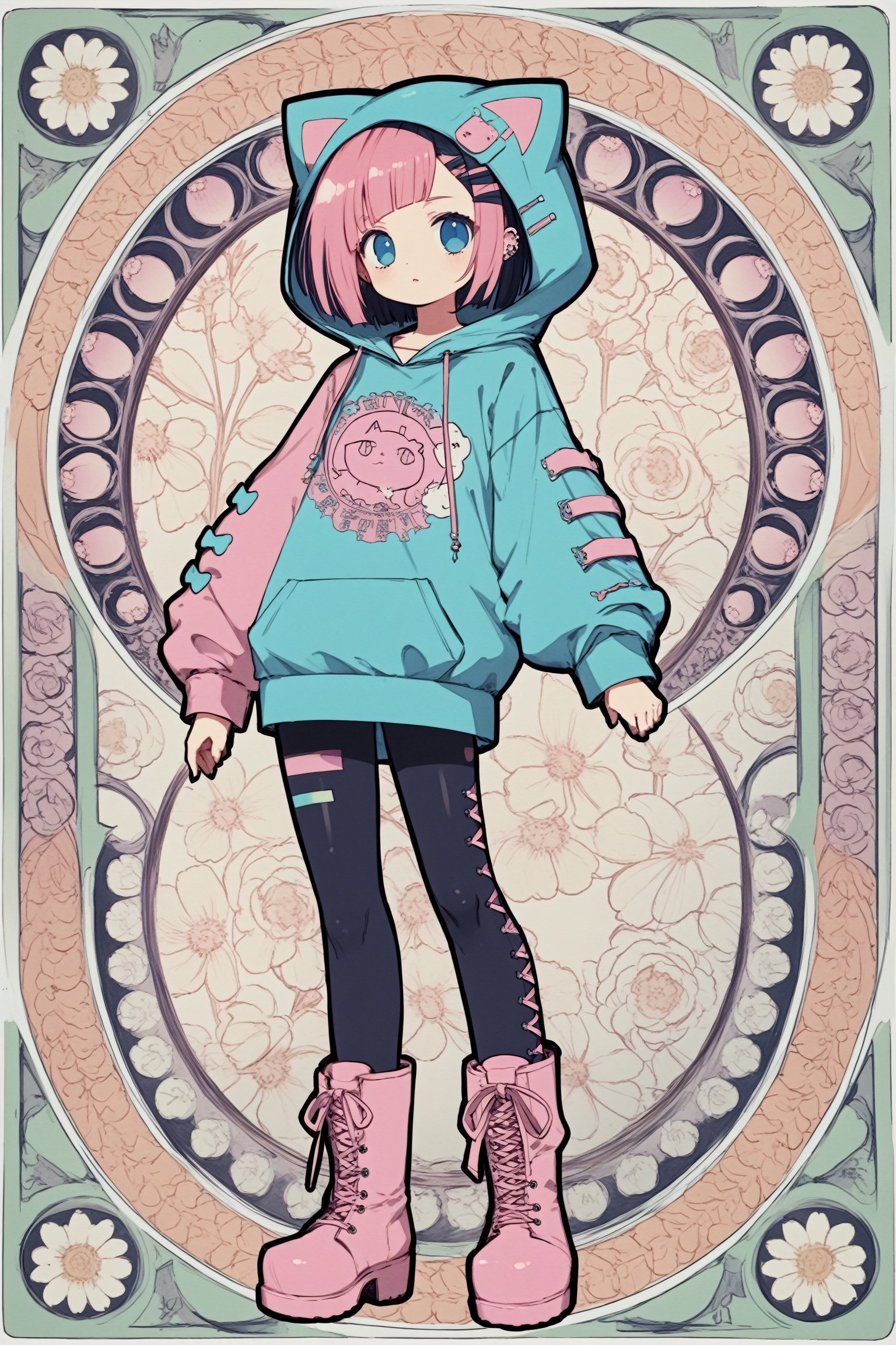 dal-3,,vtuber,1girl,
cute anime characters,Beautiful blue eyes,asymmetric bangs,candy punk Fashion,Hooded hoodie shaped like a cute kitten,cat ear hood,Pastel colored clothes based on blue and pink,Pastel Emo Fashion, Anime Print Shirt,Gothic Style tights, long military boots,,dal-6 style, art nouveau,EMO-Art Nouveau punk