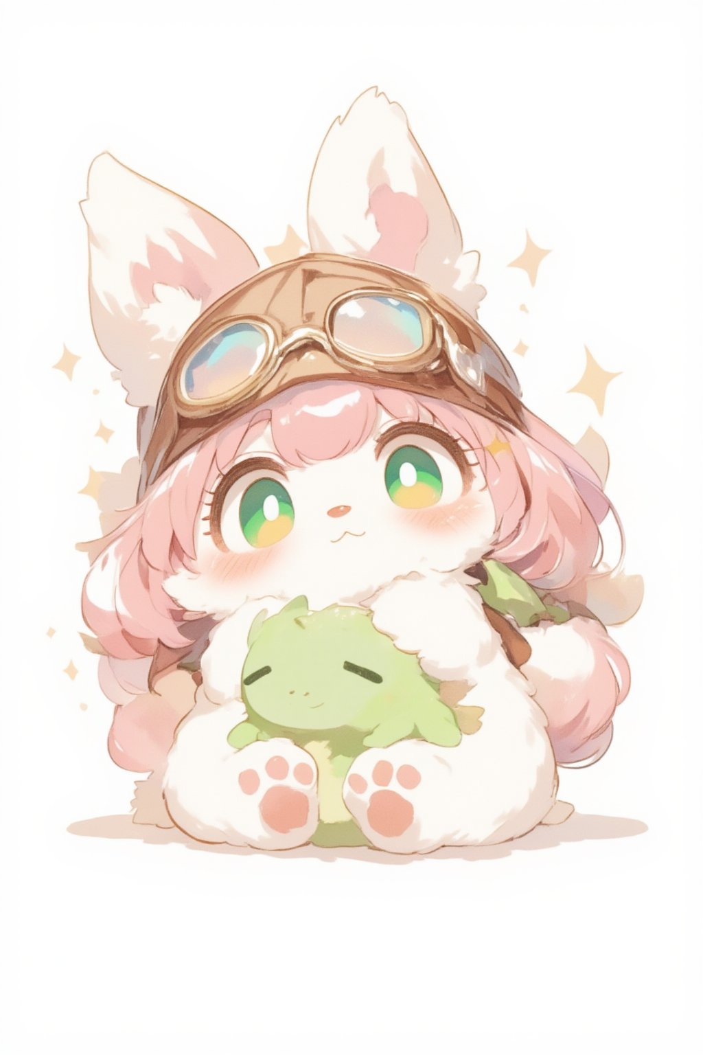 Cute, fluffy fantasy creature, anime style, watercolor illustration. White and pink fur, rabbit-like ears, big green eyes. Wearing brown aviator cap with goggles. Small wings on back. Holding a tiny green dragon toy. Chubby body with paw-like feet. Expressive face showing slight concern. Soft, pastel color palette. White background with minimal shading. Charming and whimsical character design.,Kemonomimi,furry,moe