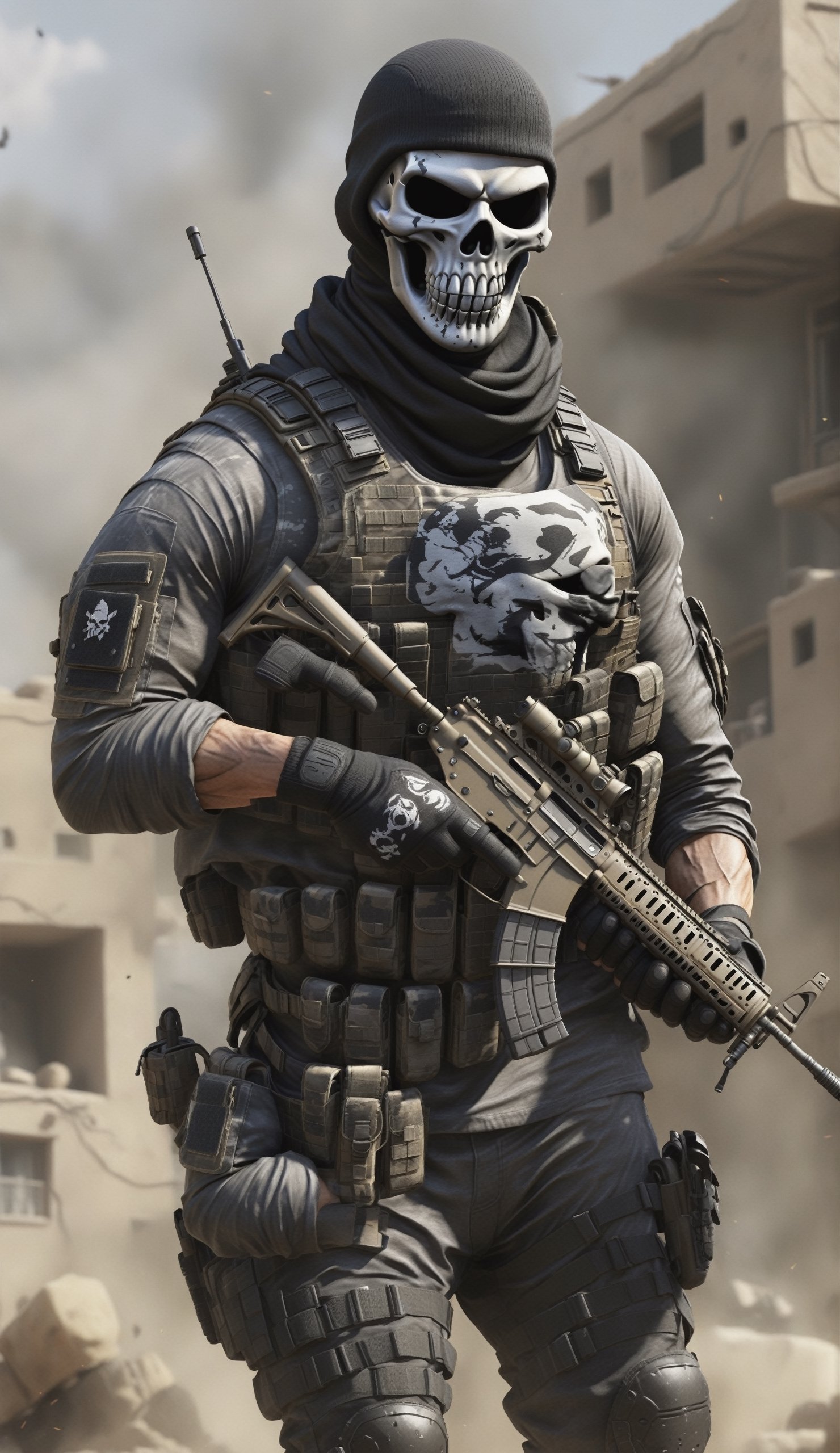 character 'Ghost' from Call of Duty: Modern Warfare,
wears a black tactical balaclava with a distinct white skull pattern, projecting a menacing and stealthy demeanor. His eyes exude a cold, emotionless gaze. The upper body is clad in a robust black tactical vest, featuring armored sleeves with numerous pouches and pockets strategically placed. He sports black tactical gloves with intricate details for precision in tactical maneuvers. The lower body is covered by sturdy tactical boots, conveying a grounded and ready-for-action appearance. Overall, Ghost's ensemble radiates a calm yet ruthless military aesthetic.

Be sure to emphasize the gritty and military aesthetic associated with the character. Additionally, provide contextual scenarios or settings that capture the essence of Ghost's character, such as covert operations or intense combat situations."