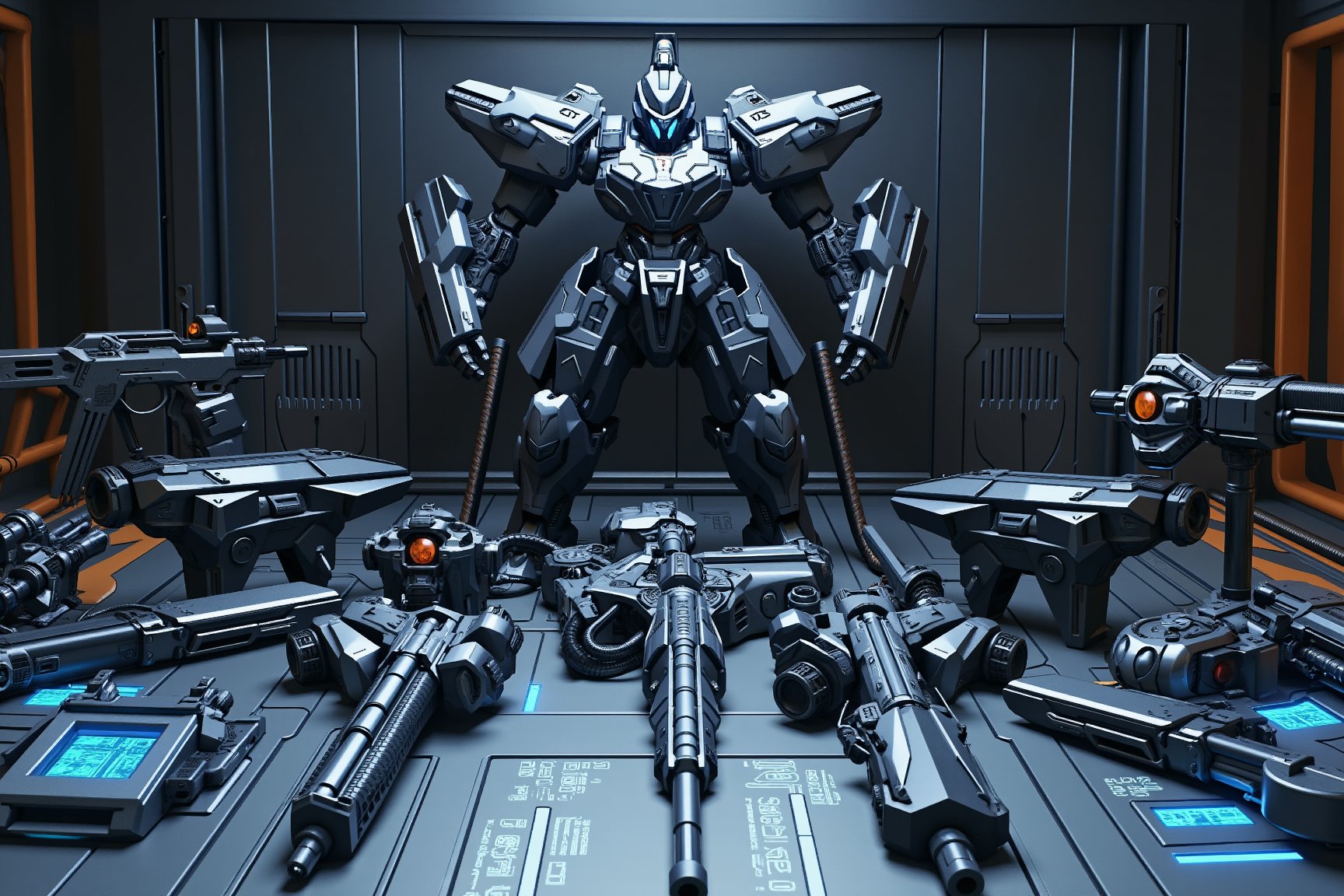 A high-tech military mecha standing behind an impressive array of futuristic weapons, dark angular mecha design with blue energy highlights and tactical armor plating, weapons displayed in organized rows on sleek metallic floor with holographic markings, arsenal includes: massive shoulder-mounted energy cannons with orange plasma cores, tactical rail guns with detailed cooling systems, modular assault rifles with advanced targeting systems, compact defensive turrets with rotating barrels, energy pulse weapons with glowing power cells, heavy ballistic weaponry with mechanical loading mechanisms, all weapons featuring detailed mechanical parts, power cables, energy cells, and military-grade finish, floor displaying illuminated technical specifications and weapon data in holographic blue text, industrial sci-fi environment with dark metal walls and warning stripes, dramatic technological lighting with blue accent lights, subtle energy signatures emanating from weapon cores, professional CGI rendering with detailed materials and textures, photorealistic metallic surfaces with wear patterns, ultra high-resolution showing intricate mechanical details and power systems, cinematic atmospheric effects with subtle fog and light scatter,