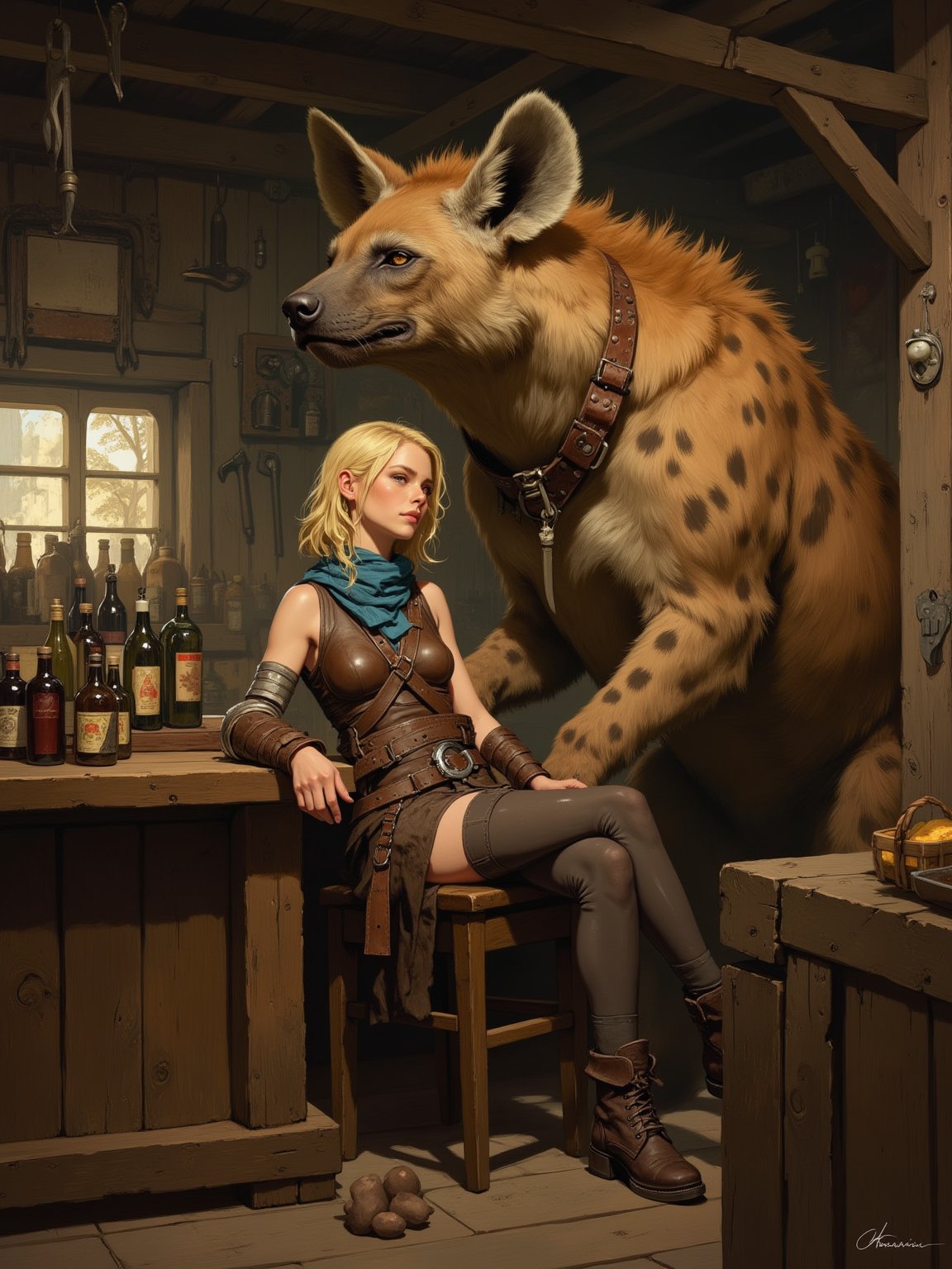 fantasy tavern scene,  blonde female warrior sitting,  beside giant hyena companion by maehara on Tensor.Art