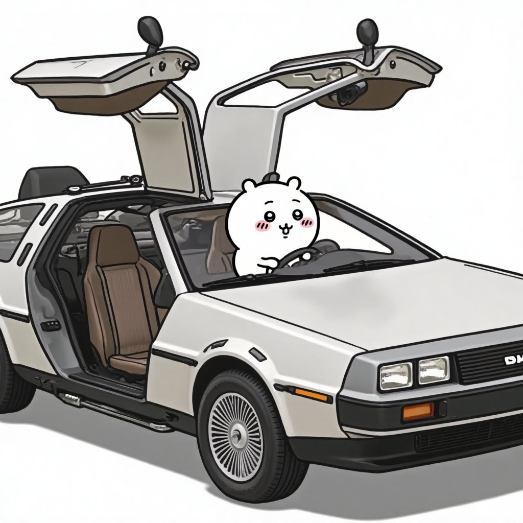 chiikawa and Catalan Sheepdog sitting ,  in DeLorean DMC-12 car,  gull-wing door open upward by maehara on Tensor.Art