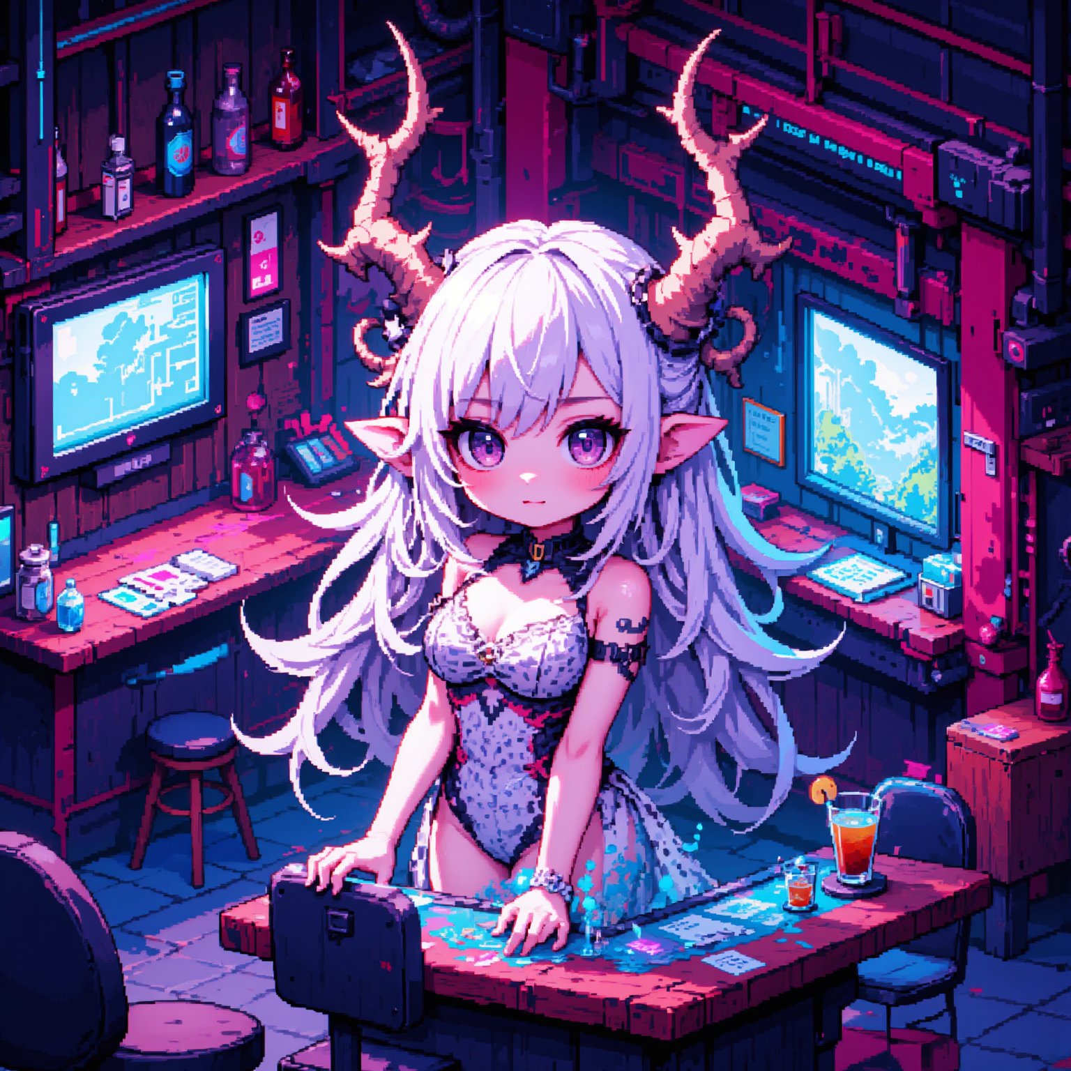 pixel art,1girl,solo,chibi Albino Demon girl,
She wears a beautiful white lace bodysuit, goat horns,
cyberpunk bar setting, isometric view, limited color palette, 16-bit era aesthetic, futuristic bar interior, bar table, glasses and alcohol, holographic monitor, neon lighting, old vs new elements, retro-futuristic atmosphere, detailed pixel shading, miniature scene atmosphere, soft vignette edges, cyberpunk color scheme with pastel accents, intricate pixel pattern on dress, glowing technology effect, pixelated lens flare, low-res charm, nostalgic game style, small animation details,lyh,anime,Pixel Art,ZanyEyesStyle