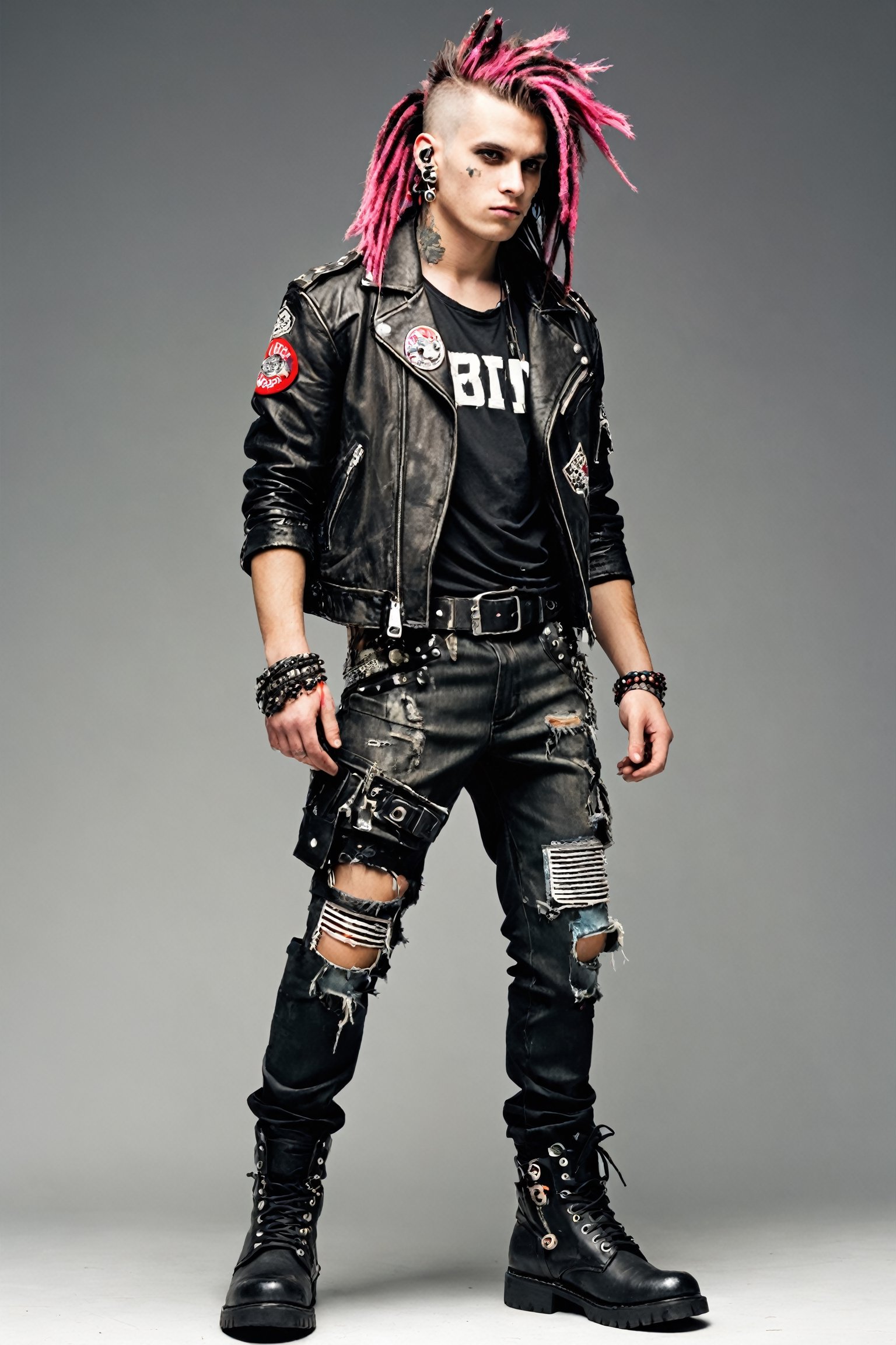 1 man,  Badass guy,  Dressed in a rebellious fusion of avant-garde punk fashiontorn mesh detailing by maehara on Tensor.Art