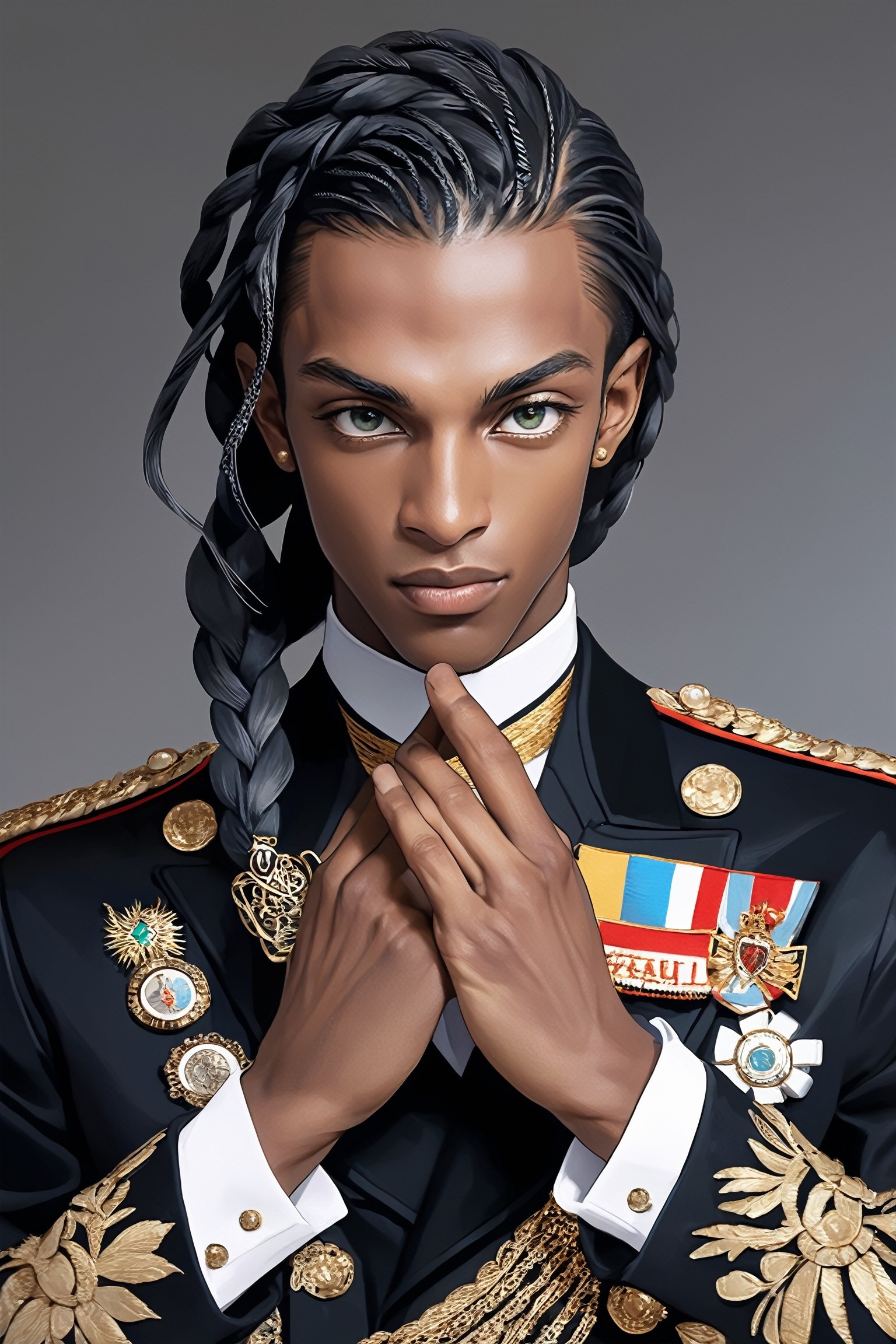 Extreme detailed,Realistic,solo,aesthetic art,
official art, extremely detailed, Extreme Realistic, african beautiful teen boy,beautifully detailed eyes, detailed fine nose,((long hair)),
long braid hair, detailed fingers,muscle body, wearing extremely detailed luxury male Prince Albert coat, high quality, beautiful high Detailed white short hair,boy,emo,Perfect Hands