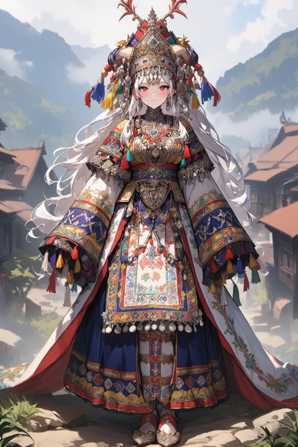 (anime style),1Girl,albino Demon girl,goat horns,pale White skin,pure White long wave Hair,
 in northern Thailand wearing an opulent traditional bridal costume. Vibrant, multi-layered outfit with intricate embroidery and silver coin decorations. Elaborate headdress adorned with colorful tassels, beads, and dangling silver ornaments. Heavy silver necklaces and large earrings frame her face. Richly embroidered jacket in deep indigo with geometric patterns in red, yellow, and green. Wide pleated skirt with bold horizontal stripes and detailed needlework. Ornate silver belt with hanging charms. Embroidered apron with intricate designs. Legs wrapped in indigo leggings with embroidered ends. Traditional cloth shoes with pointed toes. She stands in a misty mountain village with traditional Hmong houses in the background,1girl,lyh,adrr-tsfft