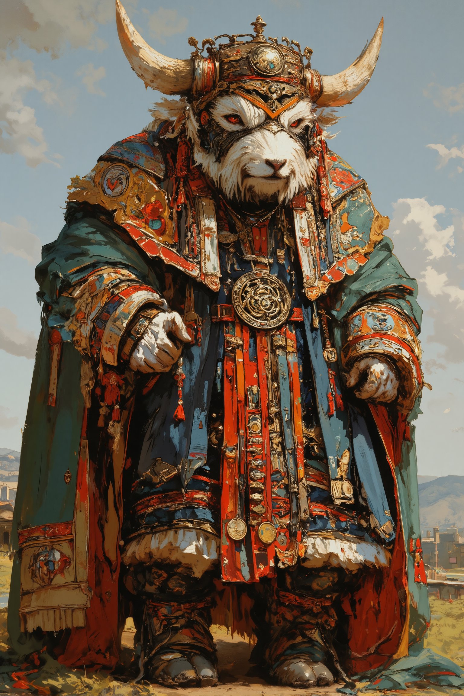 Majestic musk ox wearing vibrant Central Asian folk costume. Elaborate headdress with gold embroidery and dangling coins. Richly colored vest over flowing robe, intricate geometric patterns. Wide belt with large ornate buckle. Embroidered boots. Shaggy fur visible at neck and legs. Proud stance, front view. Backdrop of steppes, yurts in distance. Soft, warm lighting enhancing textile colors. Hyperrealistic fur and fabric textures. Surreal blend of animal and human culture, whimsical yet dignified.,furry