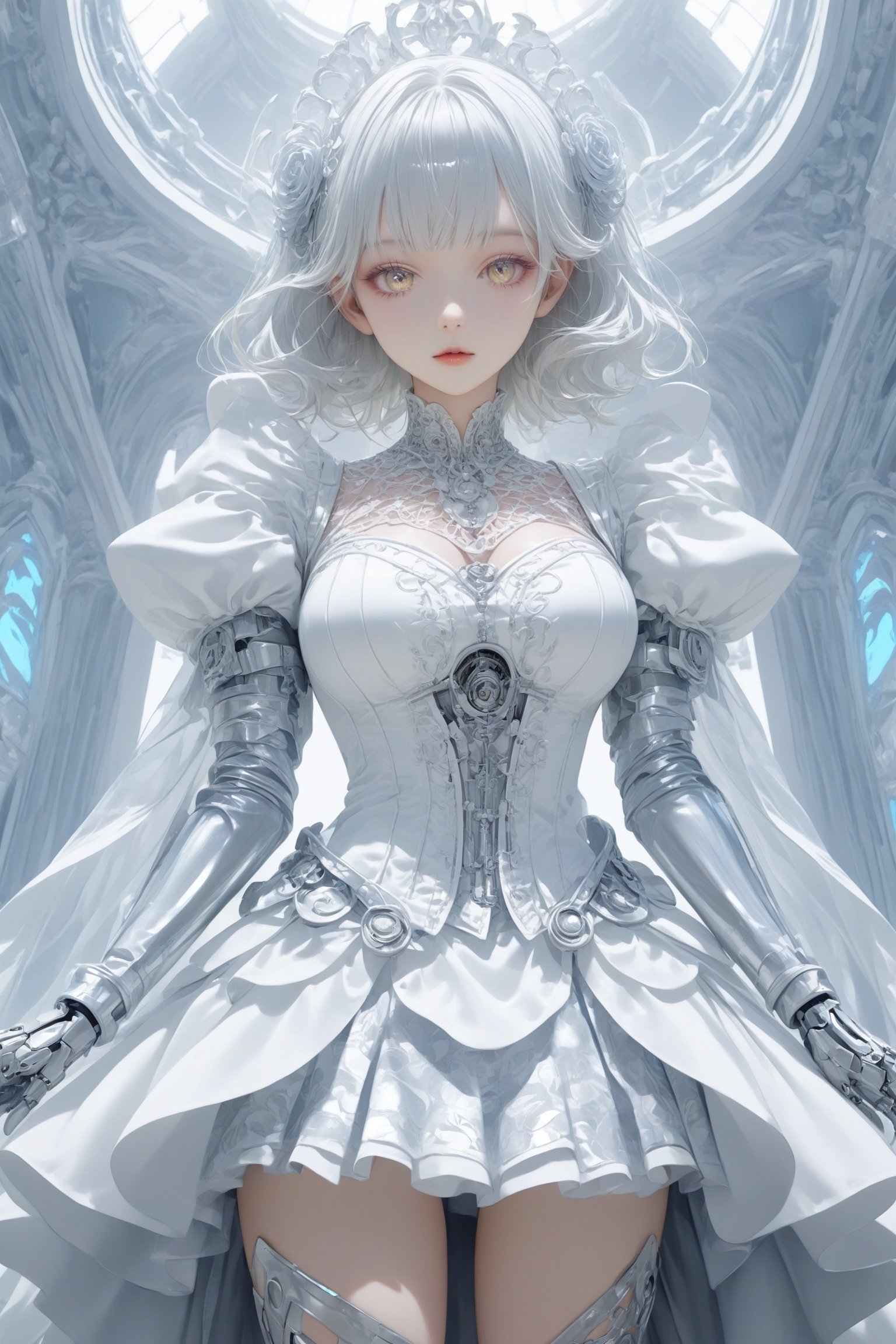 1Girl,anime style,dressed in a cyberpunk-inspired sexy Rococo dress,allowing for lifelike poses,perfect Body figure,large Breasts, Her dress merges the ornate elegance of Rococo with futuristic cyber elements. The fabric is a mix of rich silks and metallic materials, adorned with elaborate lace and digital patterns that glow subtly. The bodice is detailed with delicate ruffles and cybernetic embellishments, while the skirt flares out in layers, combining traditional Rococo volume with sleek,MasterF,sagawa,Ice Dress