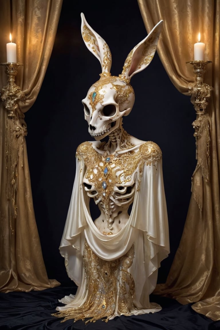  featuring a surreal and opulent display of a rabbit skull adorned with countless gold and diamond embellishments. Envision intricate patterns of gold filigree intertwined with sparkling diamonds, covering every curve and crevice of the skull. The eye sockets are filled with shimmering gemstones, casting a mesmerizing glow from within. Surrounding the adorned skull, visualize an aura of mystique and extravagance, with cascading silk drapes and flickering candlelight adding to the surreal ambiance. This juxtaposition of the delicate and the macabre creates a captivating and visually striking portrayal of luxury and extravagance.",glitt3r,art_booster