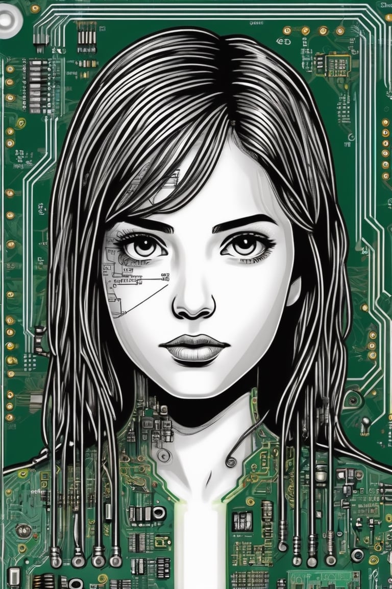 circuit diagram art,
girl drawn with a circuit diagram,circuit board, resistor, chip, LSI,DonMC1rcu17Pl4nXL