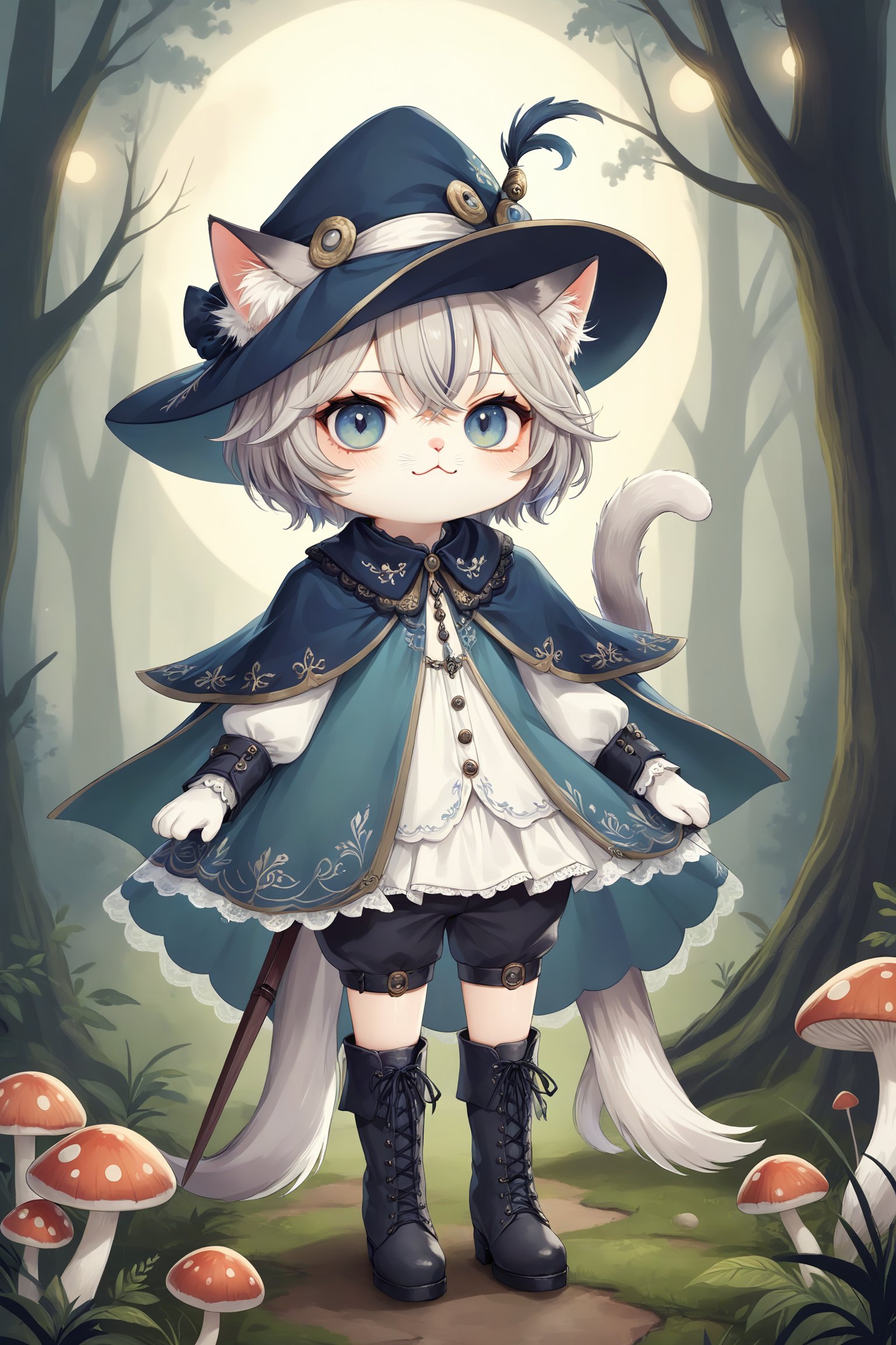 fairy cat,Adorable Cait Sith fairy, dressed as Early Modern European musketeer, feline features with mystical aura, large expressive eyes, whiskers, pointed ears, wearing plumed cavalier hat, ornate doublet with lace collar, cape, breeches, and tall boots,magical sparks around paws, forest glade background with mushroom circles, misty atmosphere, moonlit scene, detailed fur textures, blend of photorealism and whimsical fantasy style