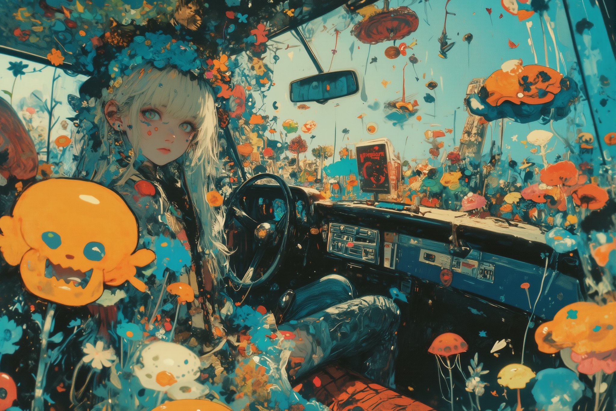 ((bokeh)),depth of field ,
(Nordic girl),Aesthetic photography, high gamma, depth of field, girl white hair,sitting in car filled withflowers,photo naturalistic poses, 
wearing Luminescent Clothing,
vacation dadcore, a coolexpression, body extensions, jellyfish in car,Jellyfish floating around,
analog film, super detail, dreamy lofiphotography, colourful, covered in flowers andvines, Inside view,FlowerStyle,r,hhc,interior,real_booster,aesthetic,Beautiful girl ,LuminescentCL,Jellyfish,Polaroidx,FluxPatt3rns