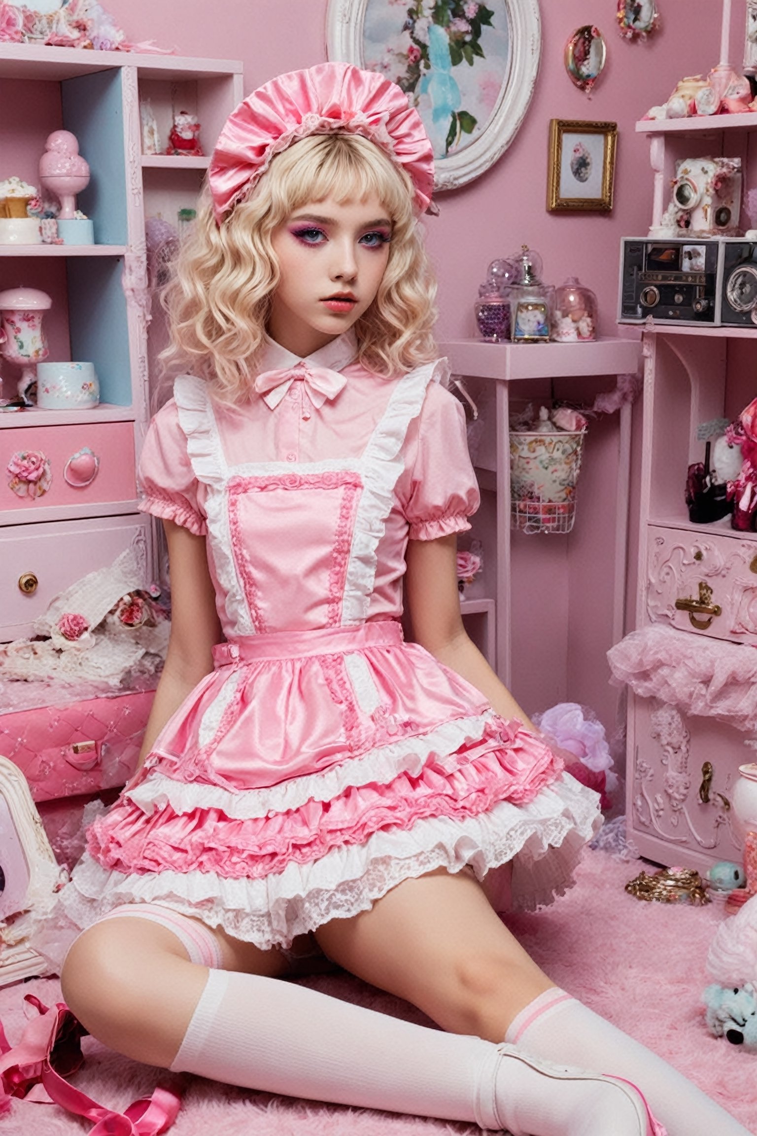 ,maximalism kawaii clutter and excessive decoration room,
brake
Cute Scandinavian girl,14 yo,(maximalism fashion), in an overly decorated emo style pink lolita outfit, her dress is bright pink with frills and studded with lace and ribbons,luxury head bonnet, a glittering flared skirt, platinum blonde curly hair, oversized ribbons and Adorned with sparkling hairpins, she wears thick platform boots and pastel stockings,heavy makeup,