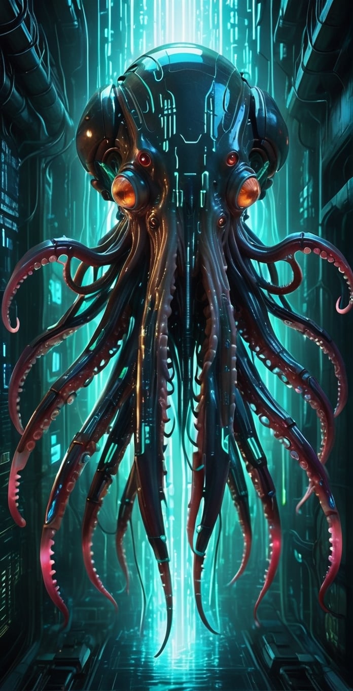 Cybernetic giant squid,  a towering cephalopod enhanced with cybernetic implants and futuristic technology,  massive body...