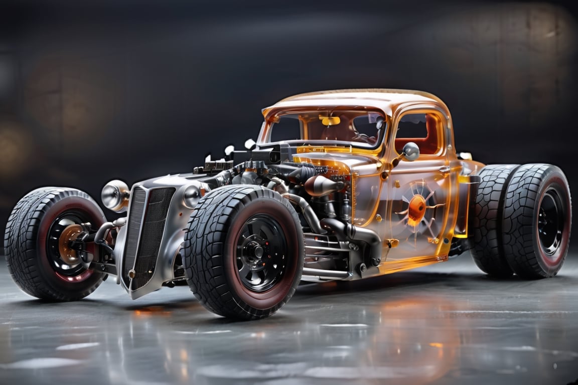 realistic photo,ultra translucent body car,extremely detailed,Glass made ultra Detailed translucent high-tech style hot rod,four-cylinder engine, turbo, wide tires,bigger wheels, giger,rat_rod,Clear Glass Skin