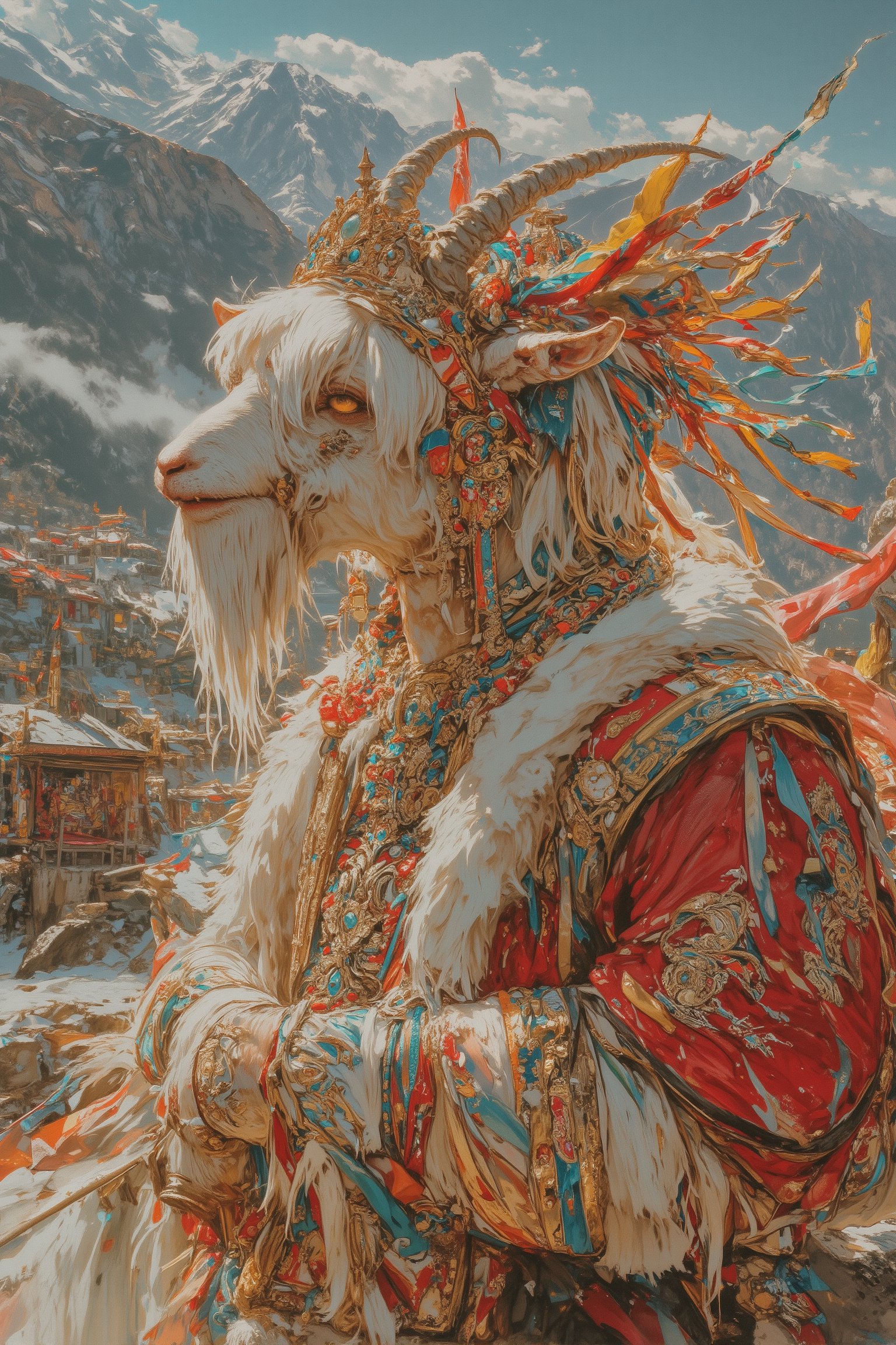 Majestic long-haired goat, adorned in opulent Tibetan wedding attire, Lustrous white coat cascading to the ground, meticulously groomed and adorned with intricate braids and golden threads woven throughout,

Headpiece: Elaborate gold and red crown featuring turquoise and coral inlays. Long silk ribbons in vibrant hues flow from the crown, intertwining with the goat's silky fur,
Facial features: Striking amber eyes, decorated with kohl-like patterns. Beard adorned with small golden bells and colorful beads,
Body attire: Rich red silk chuba (traditional Tibetan robe) embroidered with golden dragons and auspicious symbols. Wide sleeves trimmed with fur and adorned with intricate brocade patterns,
Accessories: Multiple strands of coral and turquoise necklaces drape the neck. Gold-plated hooves. Ceremonial scarf (khata) in white silk draped across the back,
Background: Misty Himalayan peaks, prayer flags fluttering in the breeze. Ornate temple architecture visible in the distance,
Lighting: Soft, golden sunlight highlighting the goat's regal bearing and the rich textures of the costume,
Overall impression: A surreal blend of animal grace and human cultural richness, embodying Tibetan wedding traditions in a whimsical, elegant manner.,furry